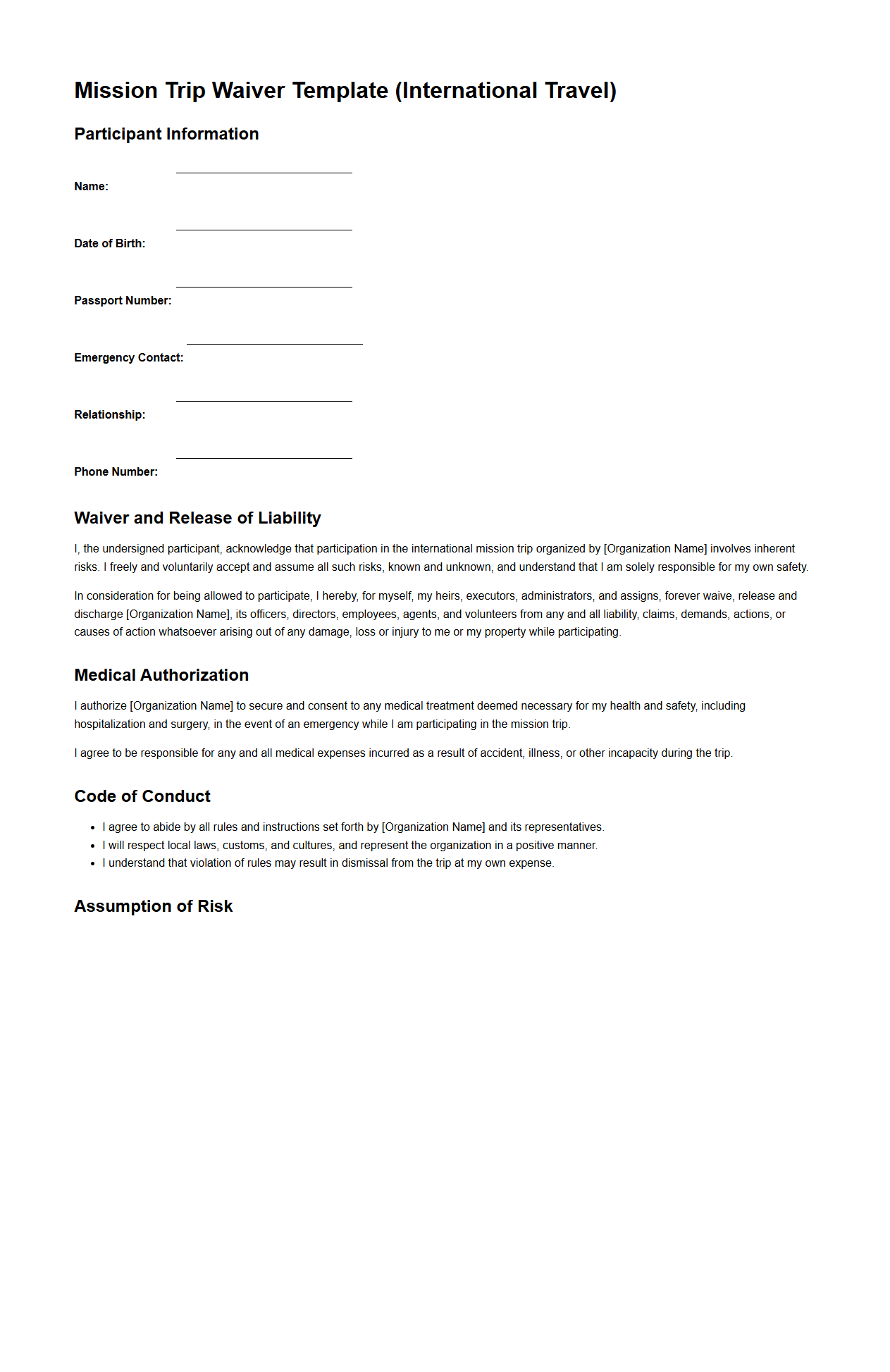 Mission Trip Waiver Template for International Travel