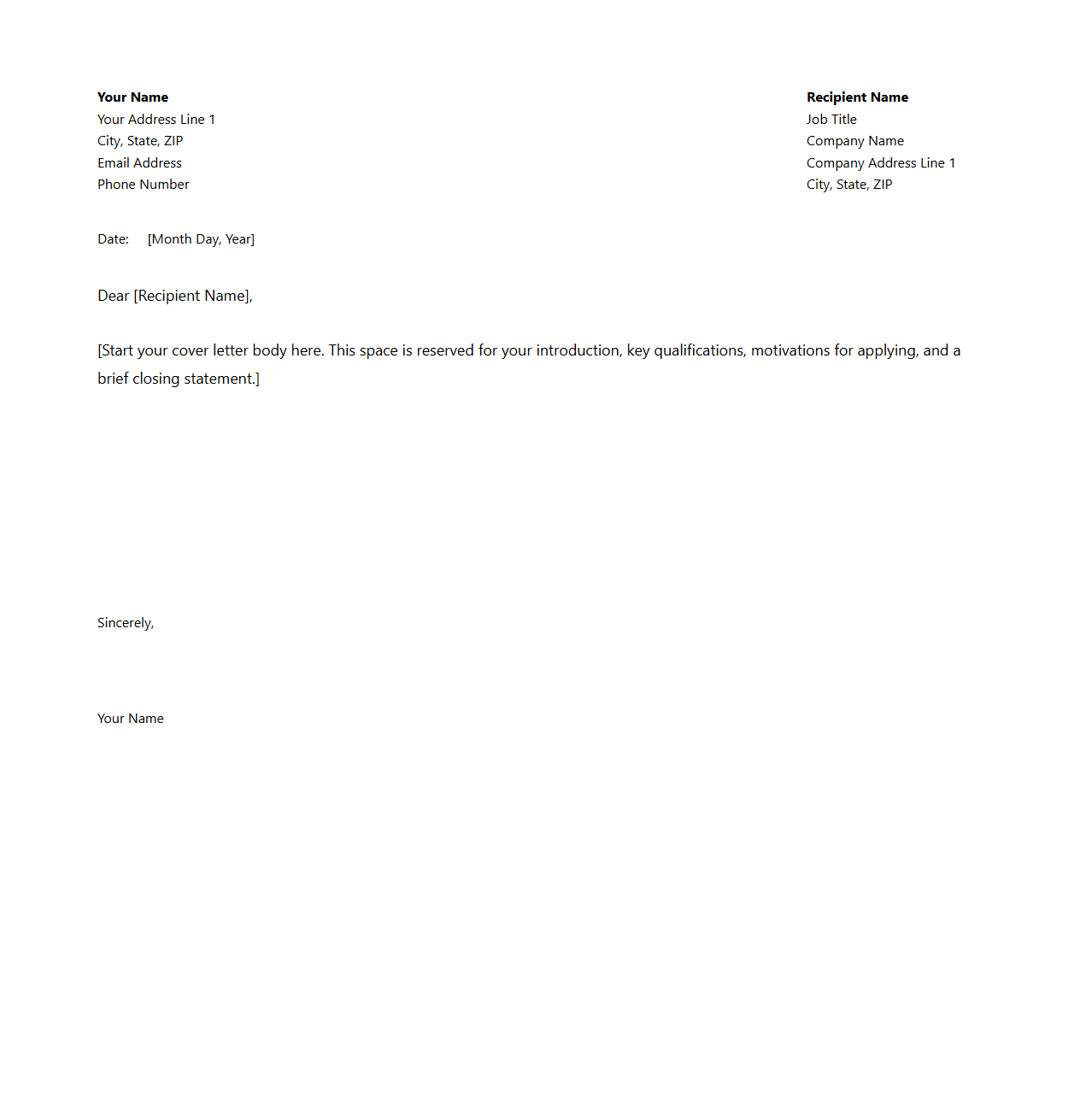 Modern Blank Cover Letter Layout for Applications