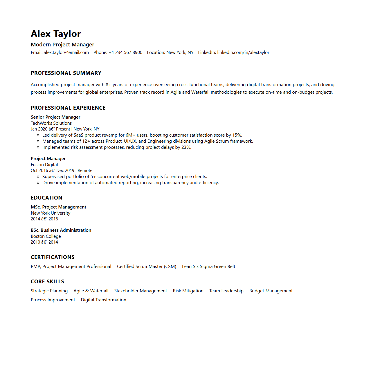 Modern Project Manager CV Structure