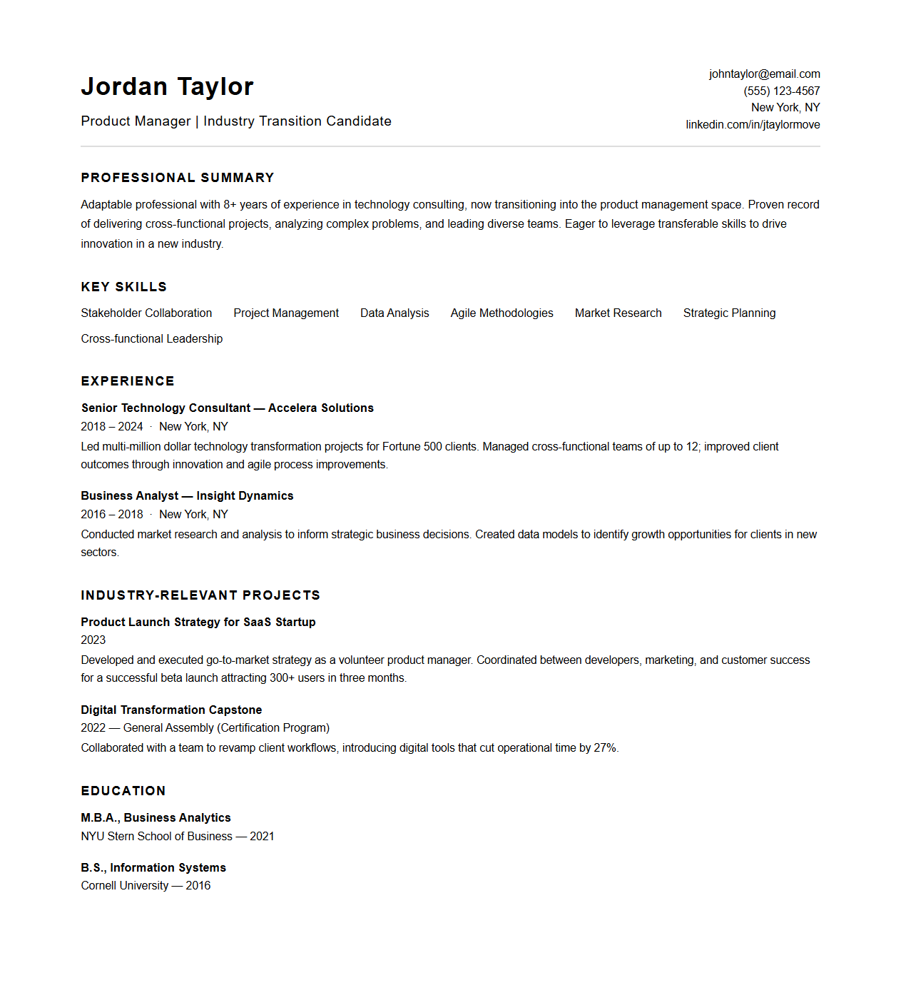 Modern Resume Template for Industry Transition
