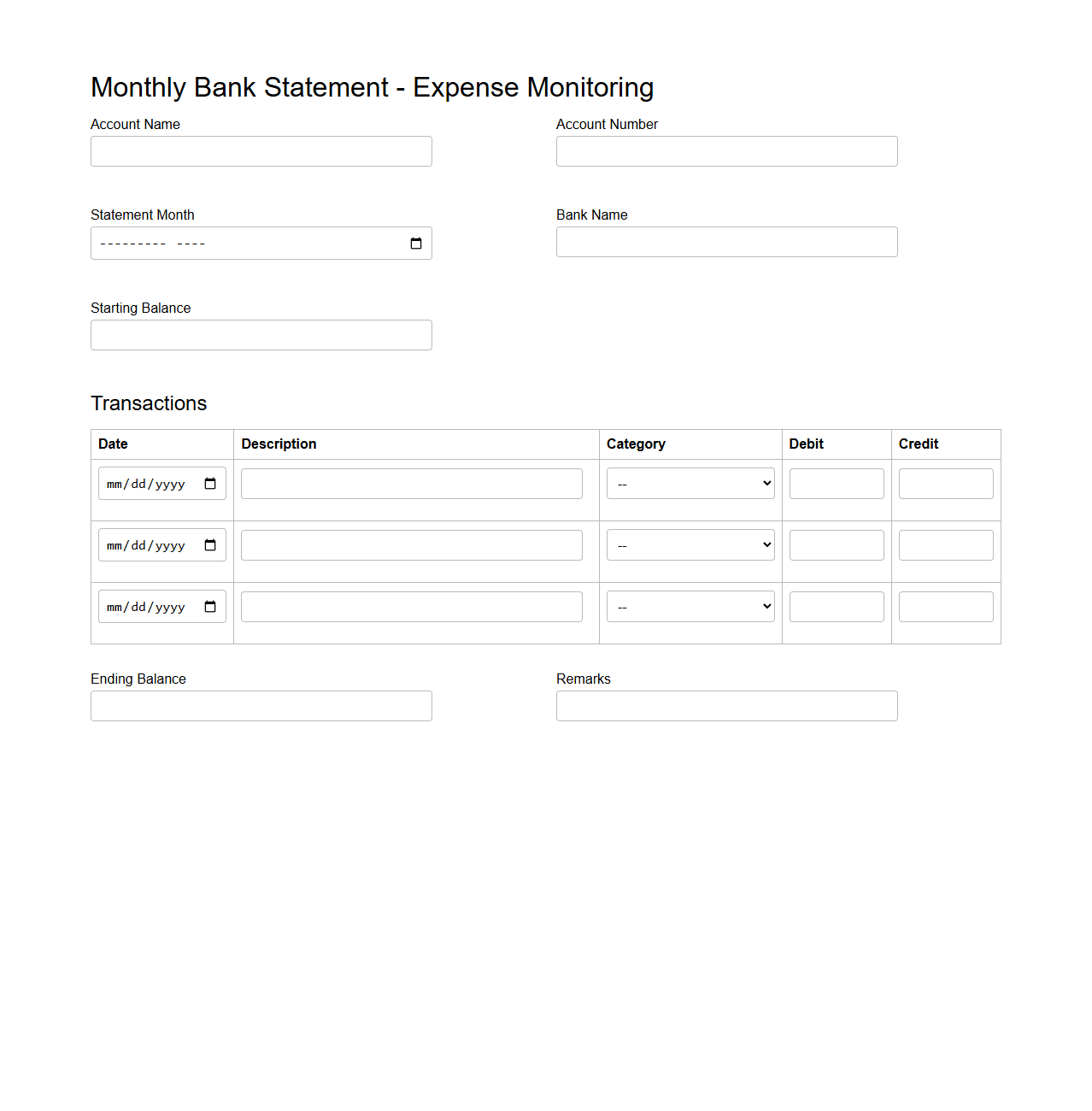 Monthly Bank Statement Blank Form for Expense Monitoring