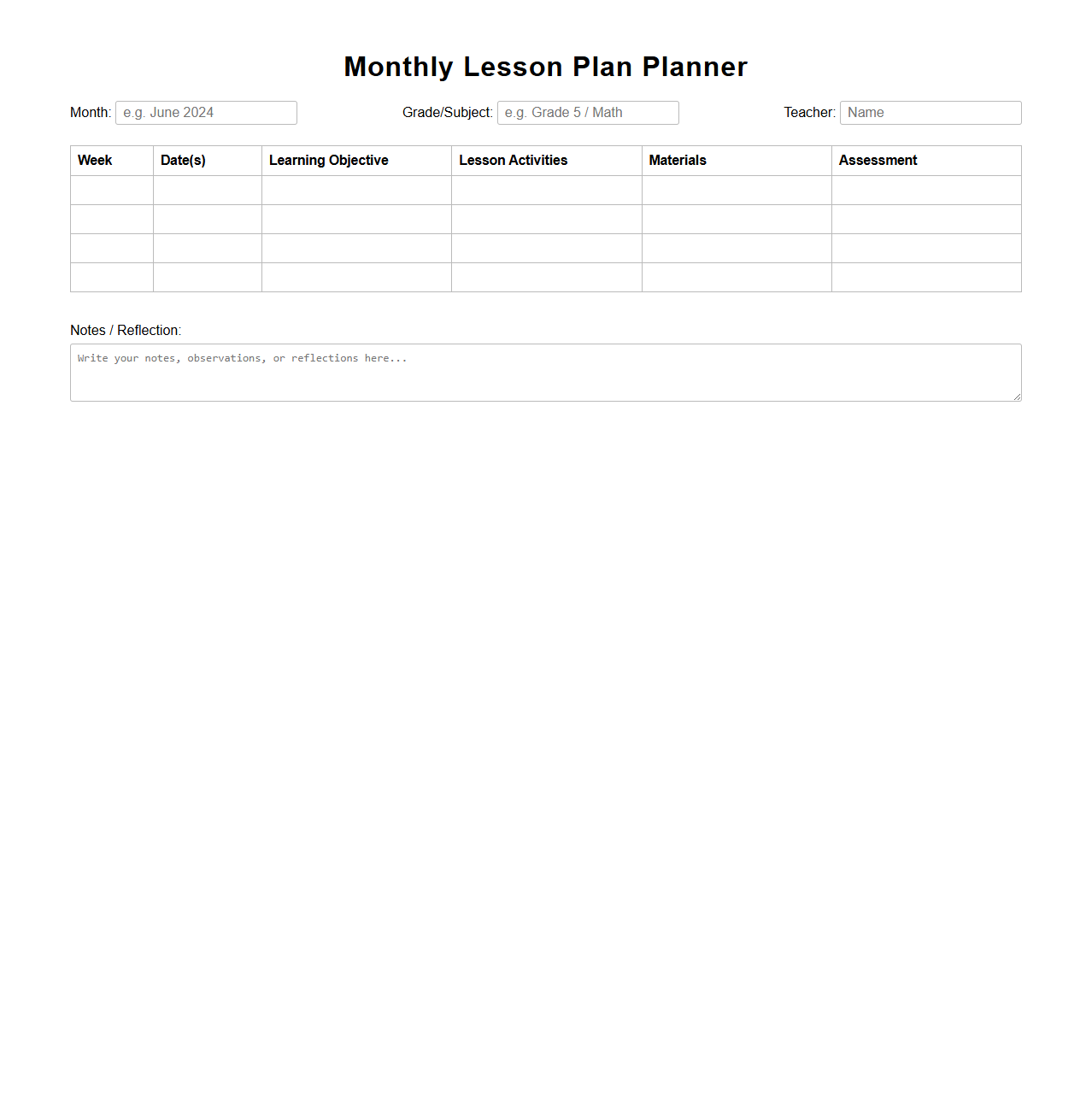 Monthly Blank Lesson Plan Planner