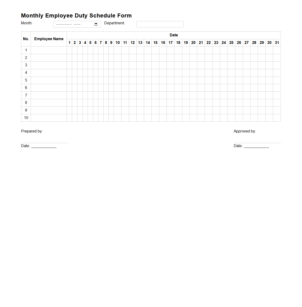 Monthly Employee Duty Schedule Form