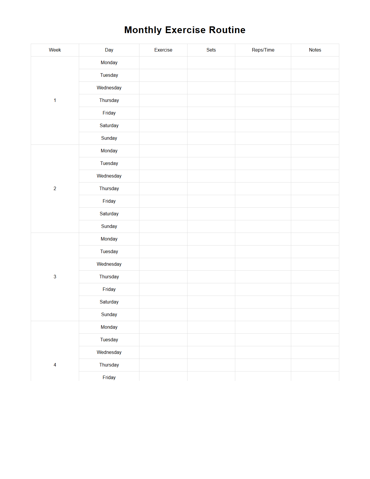 Monthly Exercise Routine Blank Sheet