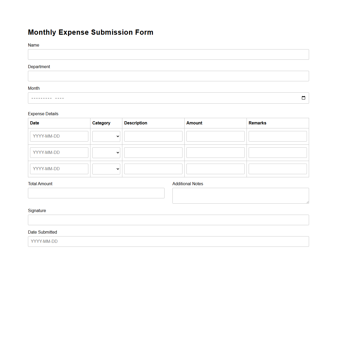 Monthly Expense Submission Form Template