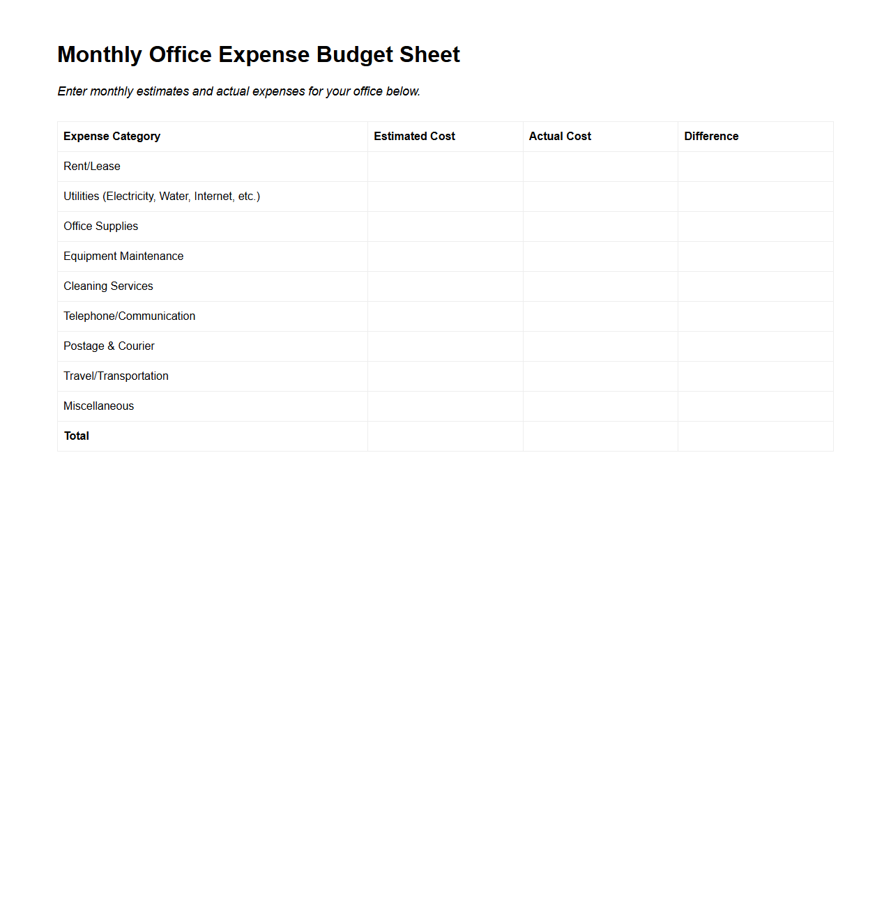 Monthly Office Expense Budget Sheet