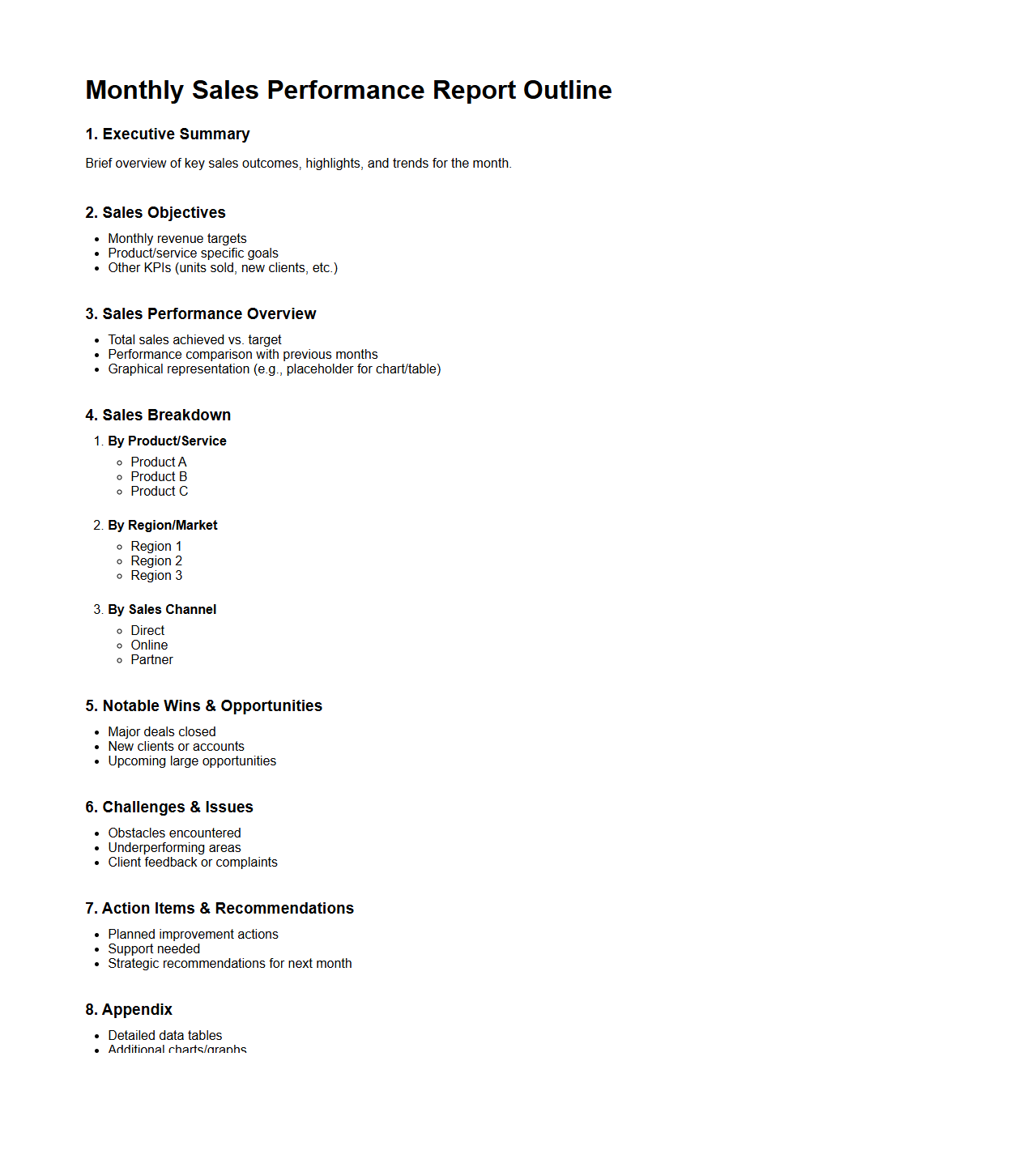 Monthly Sales Performance Report Outline