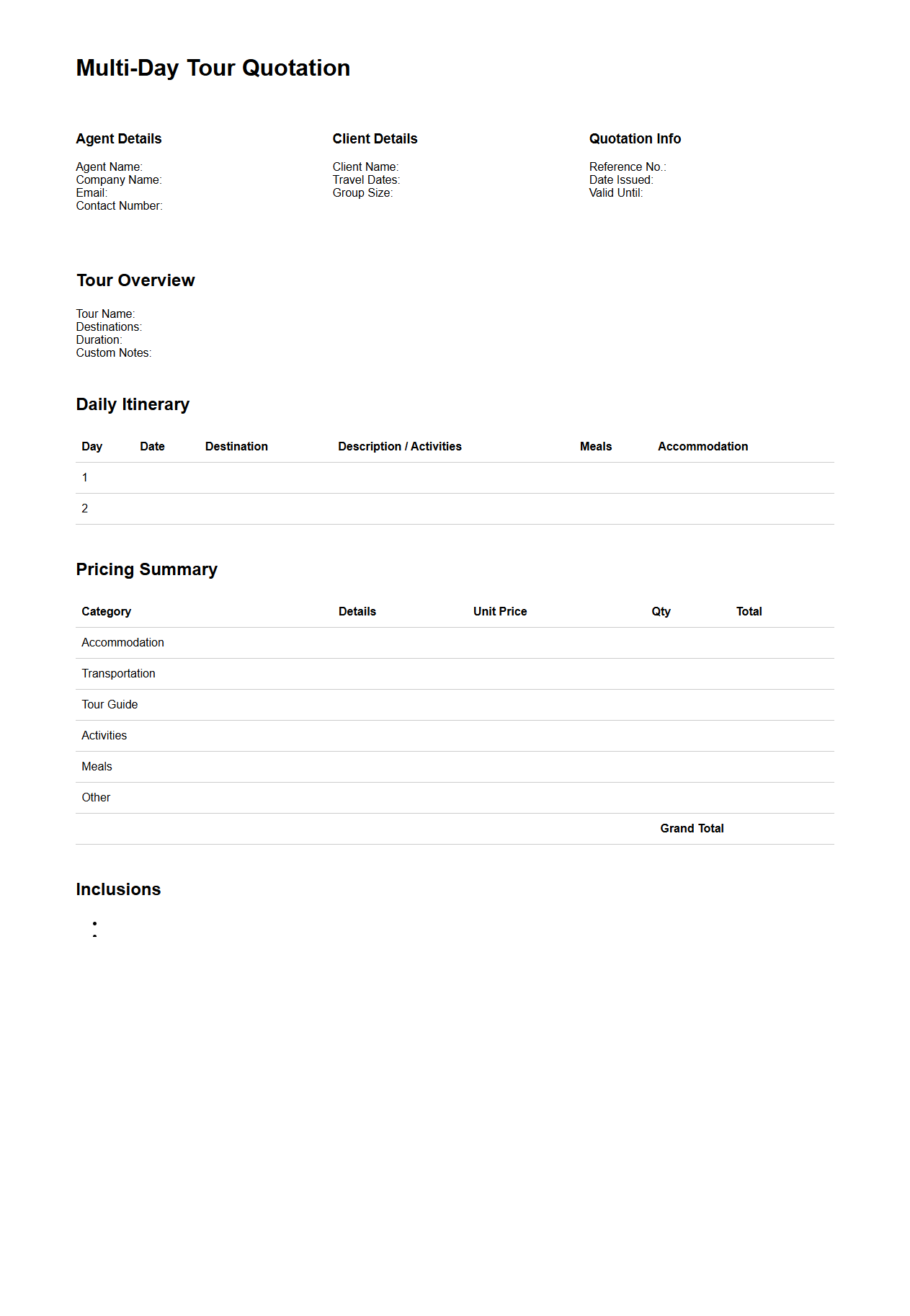 Multi-Day Tour Quotation Layout for Agents