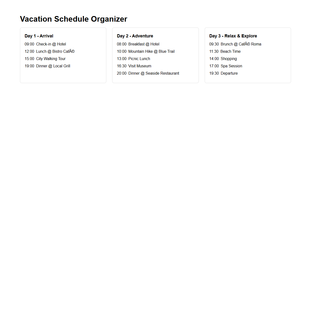 Multi-Day Vacation Schedule Organizer