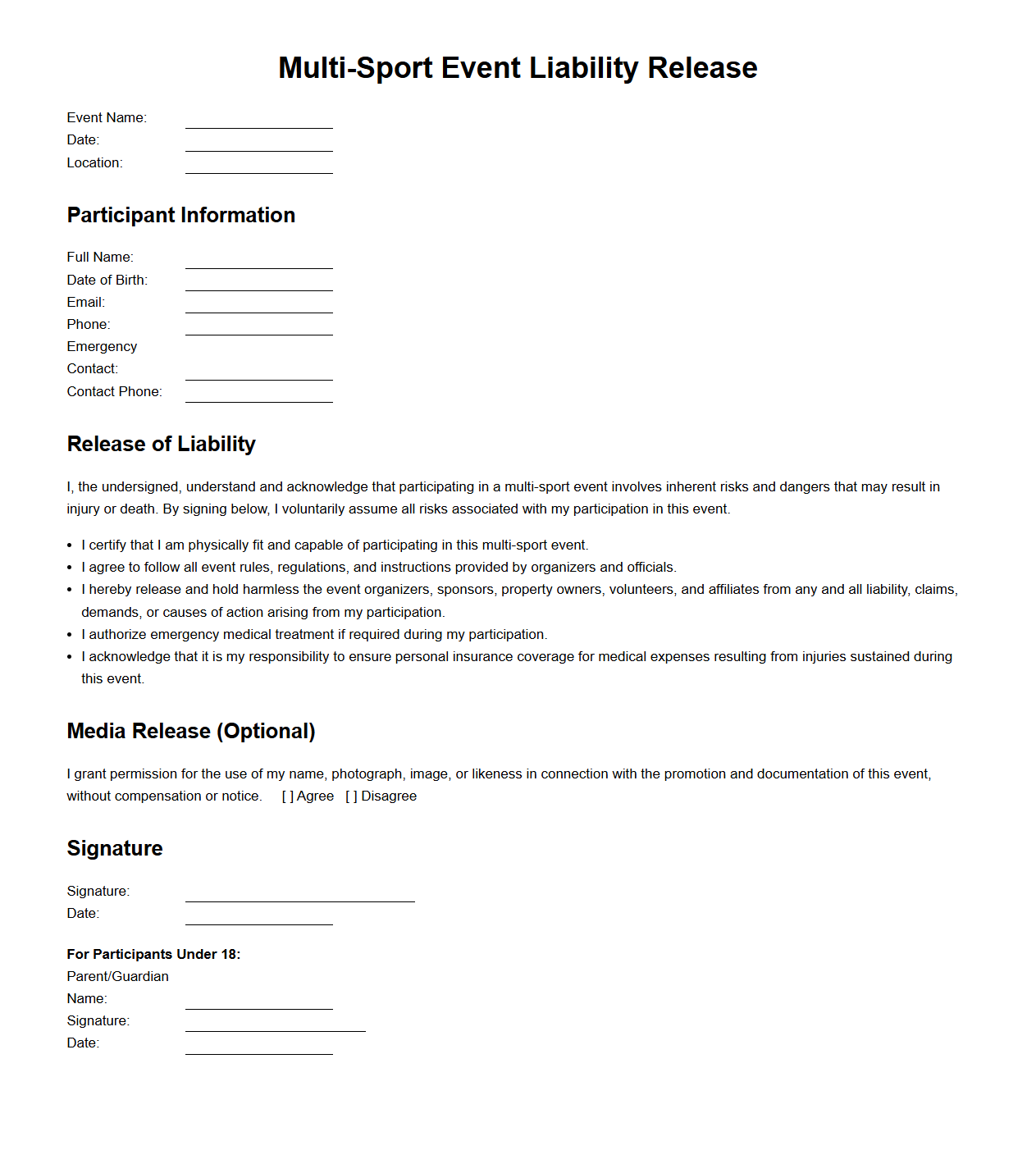 Multi-Sport Event Liability Release Template