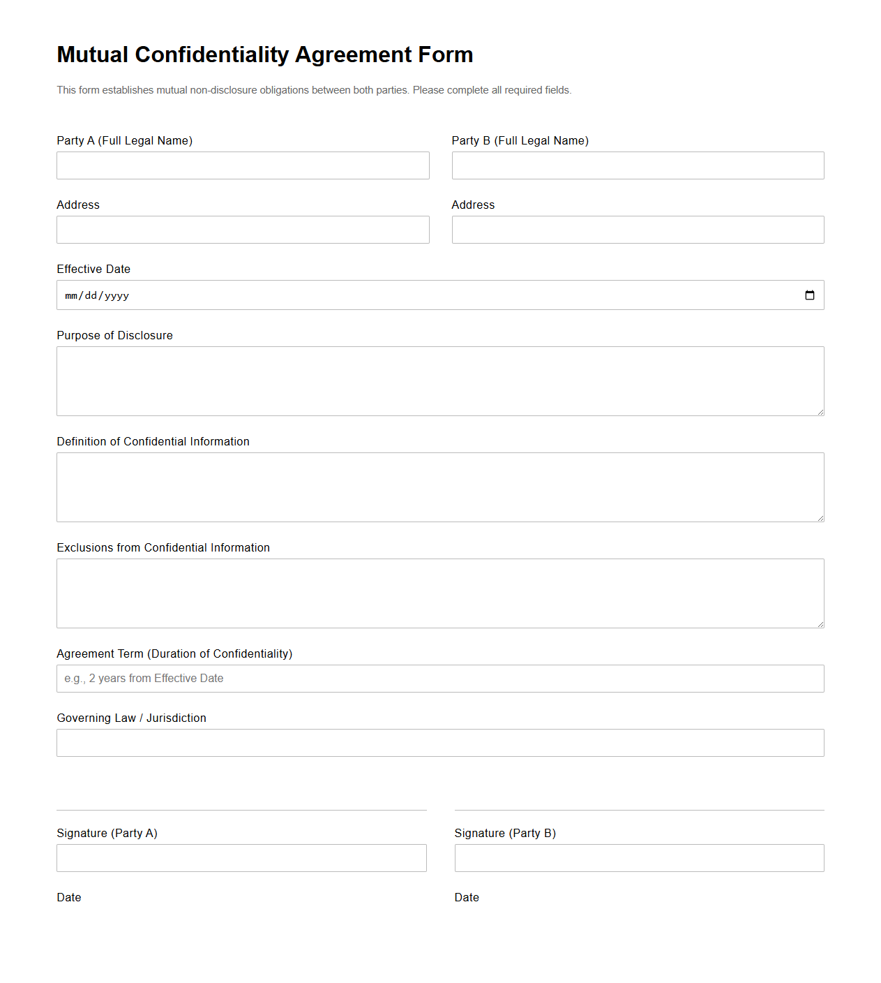 Mutual Confidentiality Agreement Form for Partners