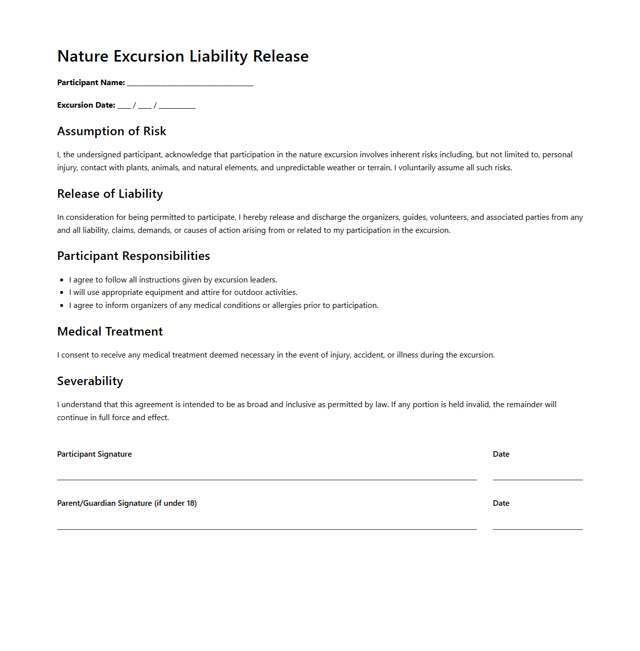 Nature Excursion Liability Release Template