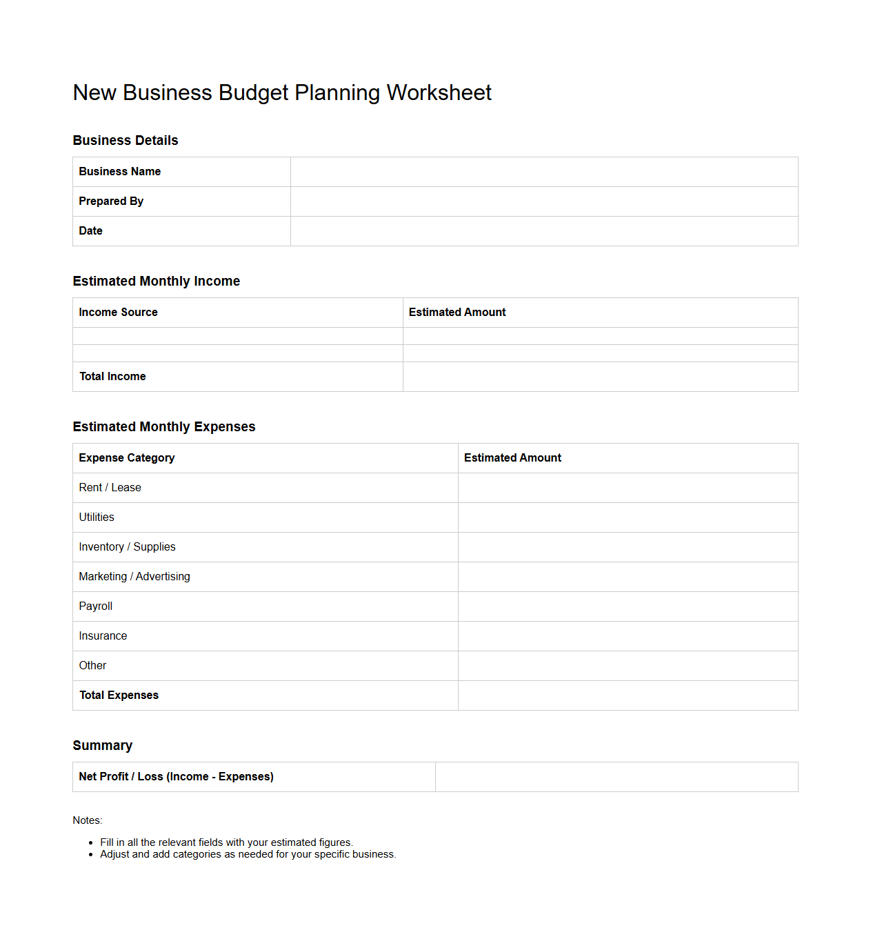 New Business Budget Planning Worksheet