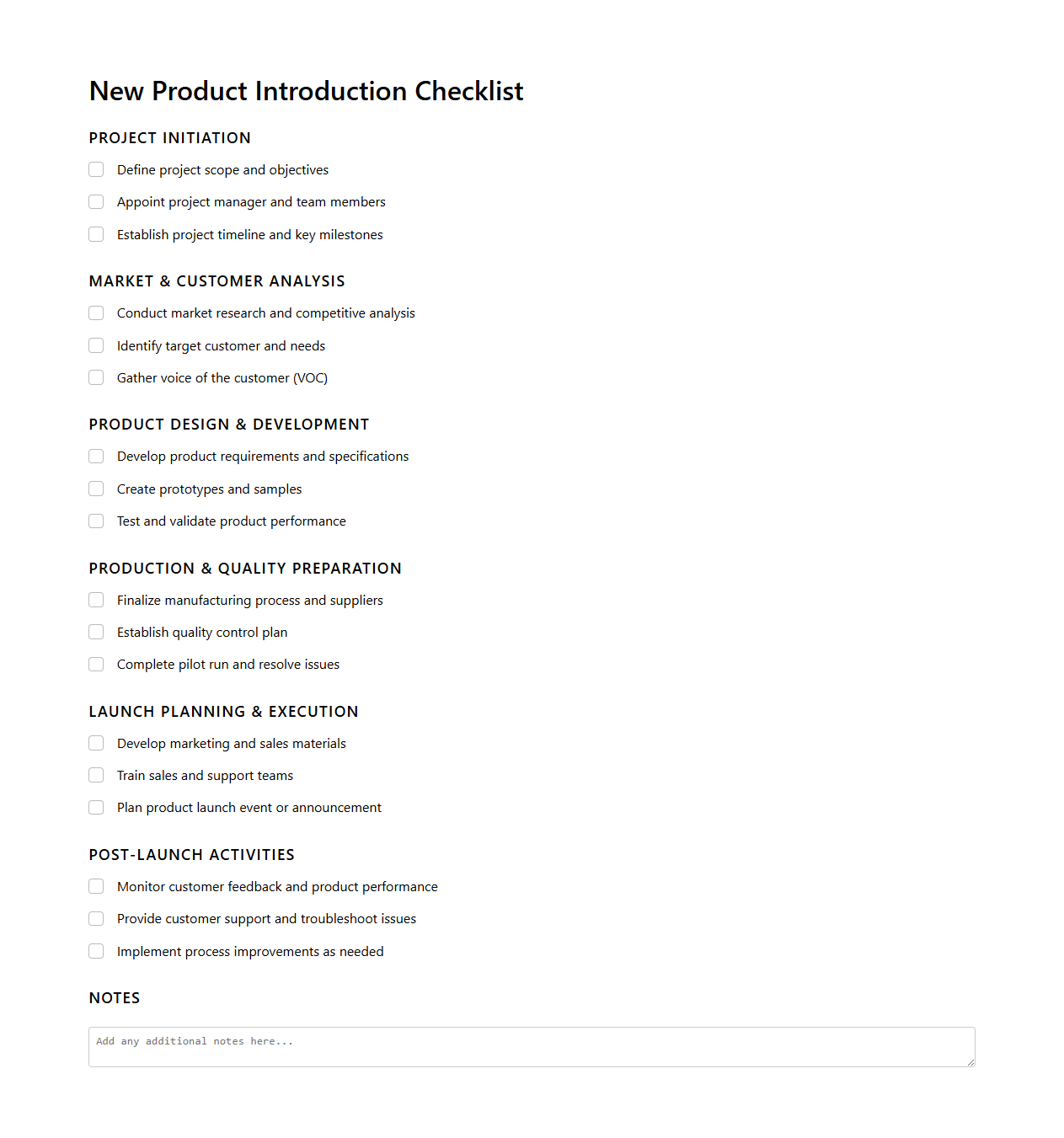 New Product Introduction Checklist Template