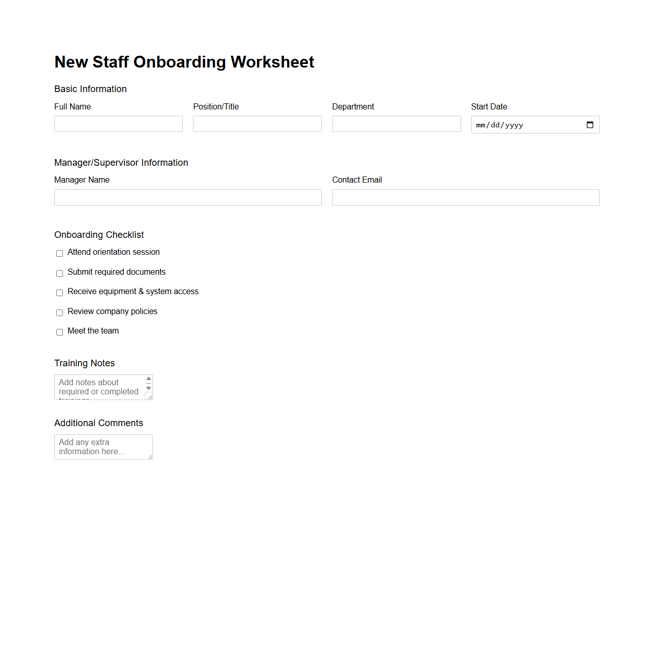 New Staff Onboarding Worksheet