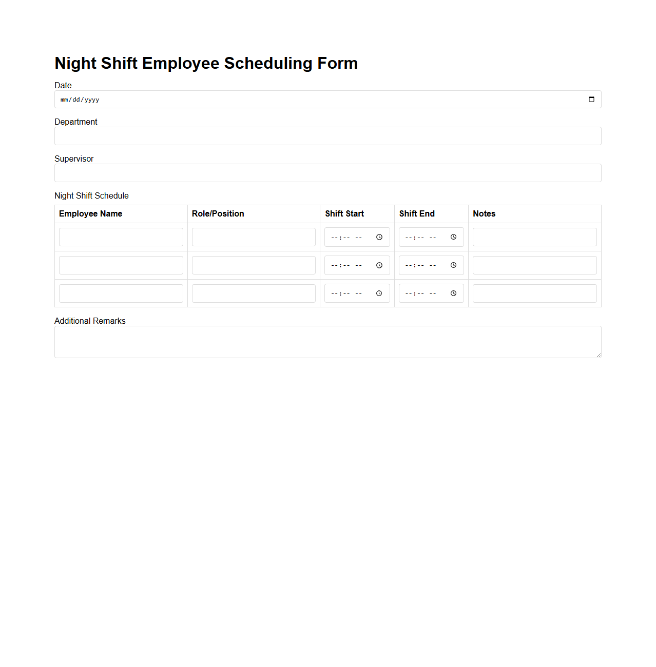 Night Shift Employee Scheduling Form