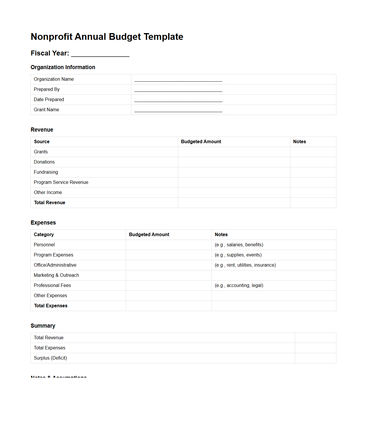 Nonprofit Annual Budget Template for Grant Planning