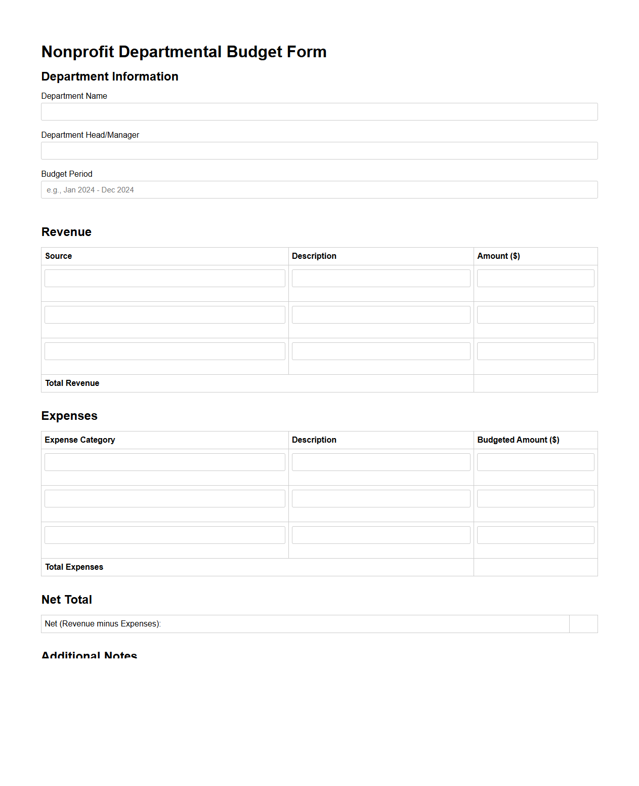Nonprofit Departmental Budget Form for Organizations