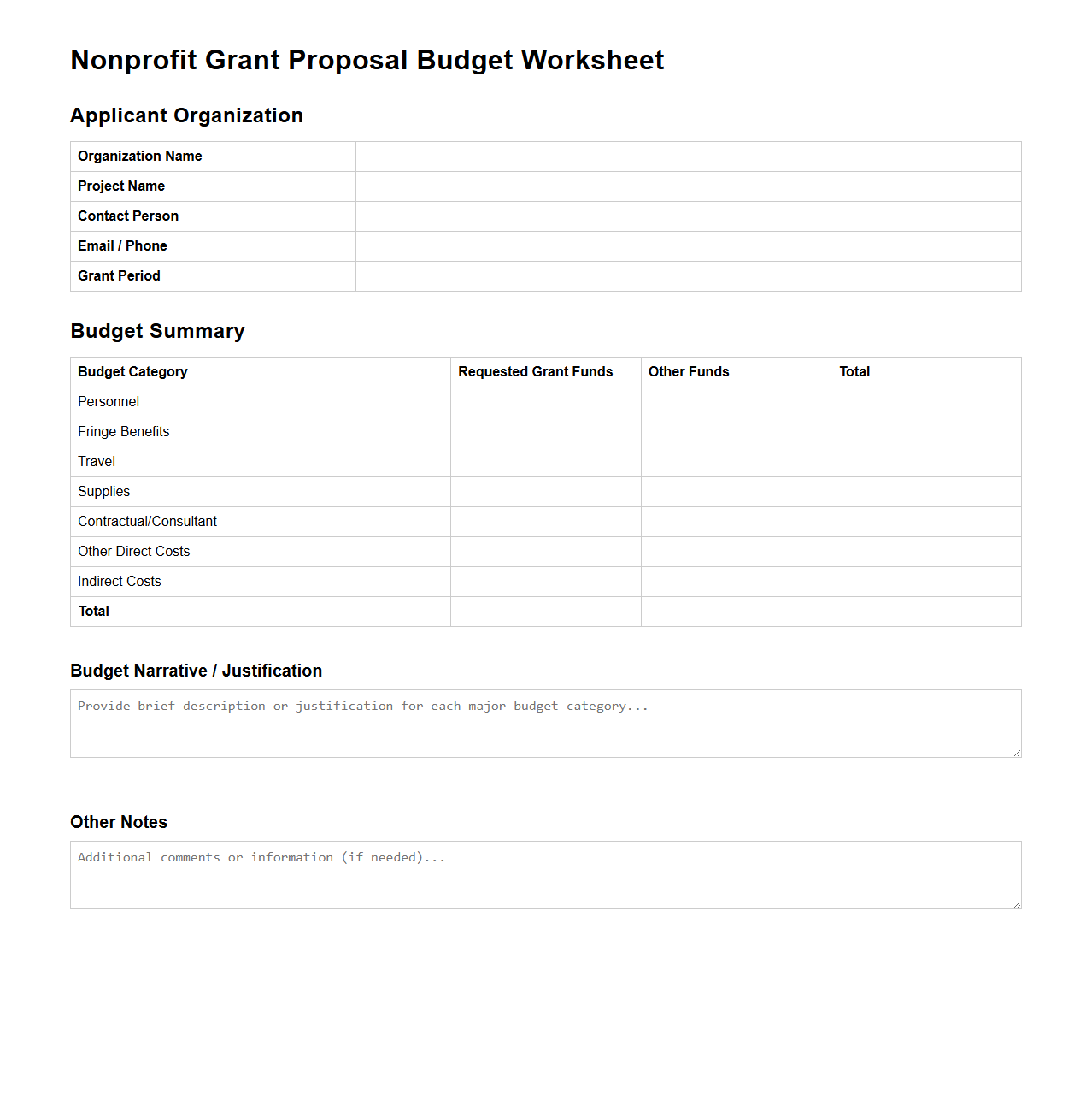 Nonprofit Grant Proposal Budget Worksheet