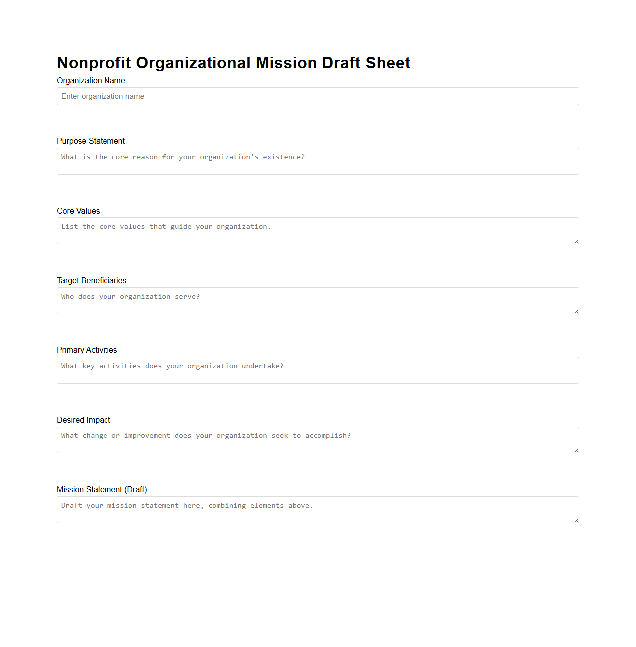 Nonprofit Organizational Mission Draft Sheet