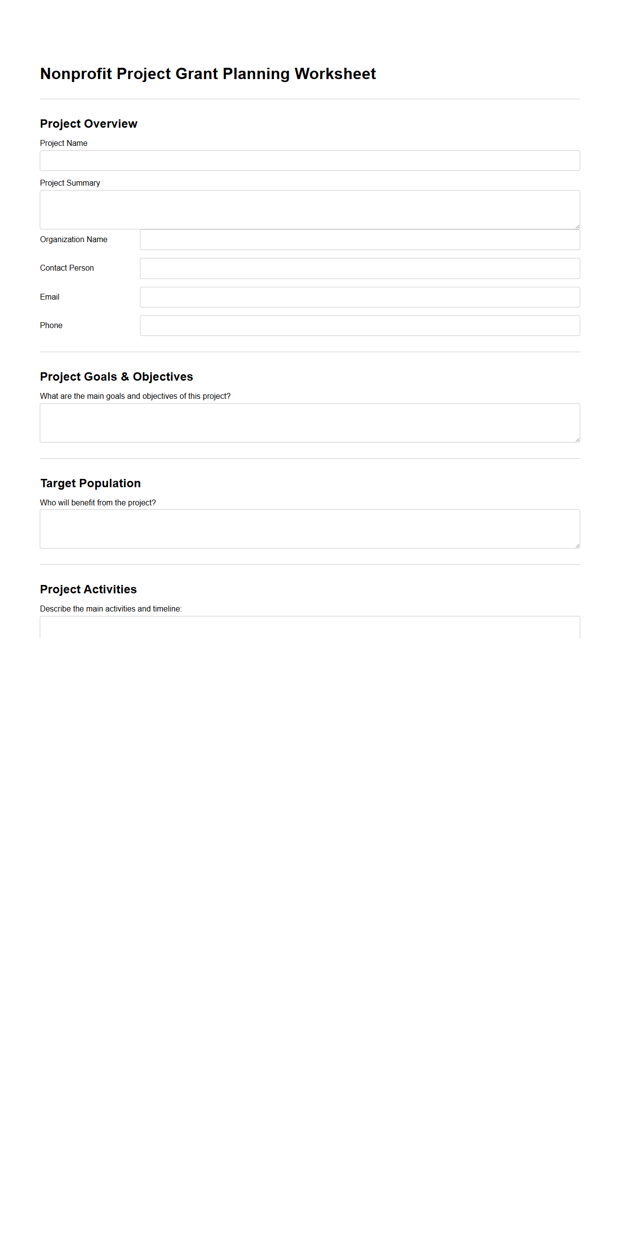 Nonprofit Project Grant Planning Worksheet