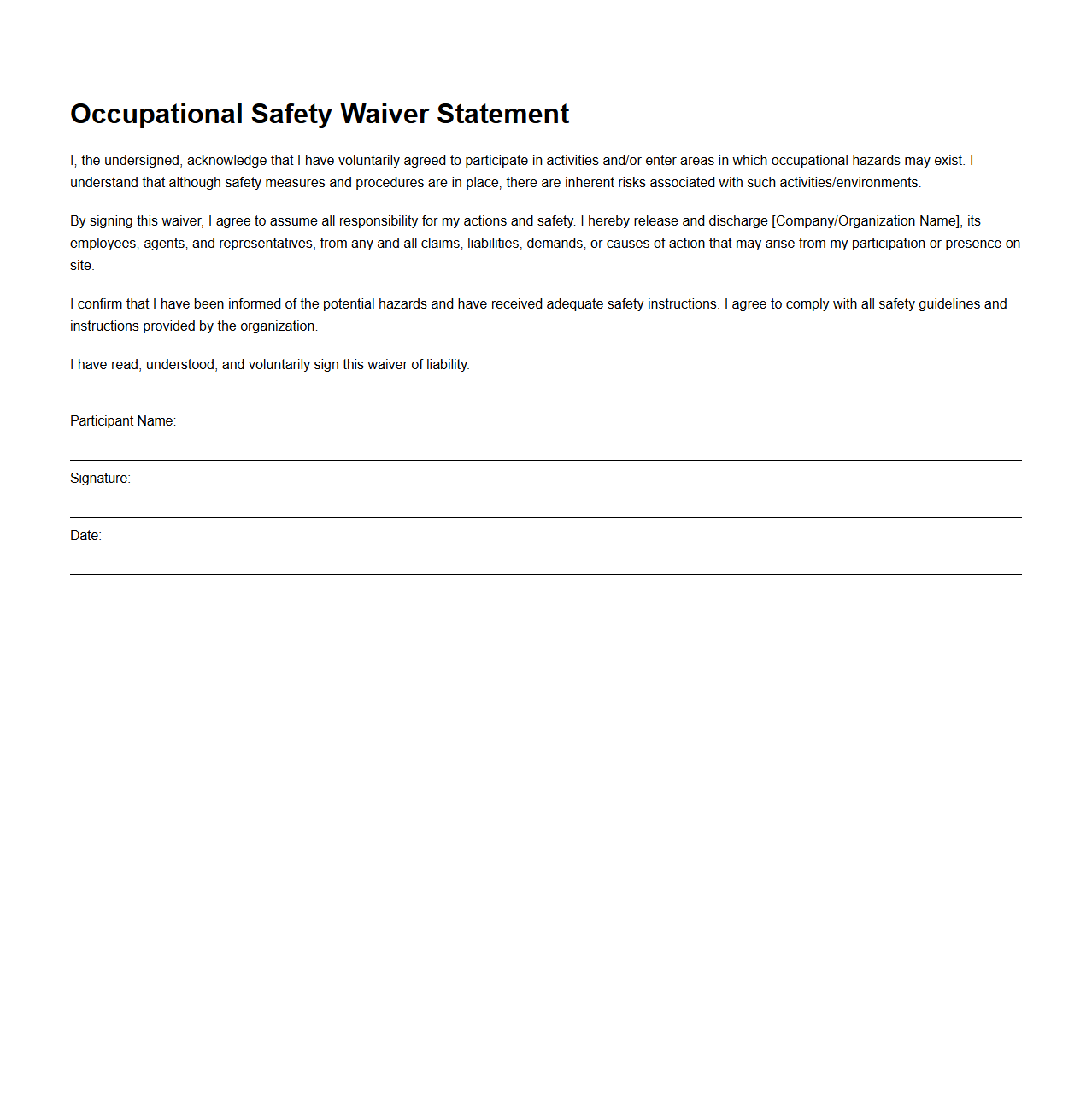 Occupational Safety Waiver Statement