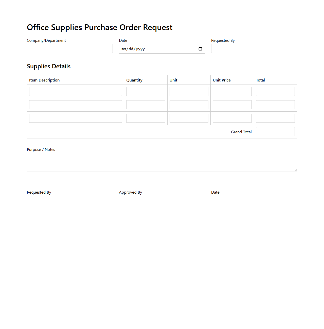 Office Supplies Purchase Order Request Template
