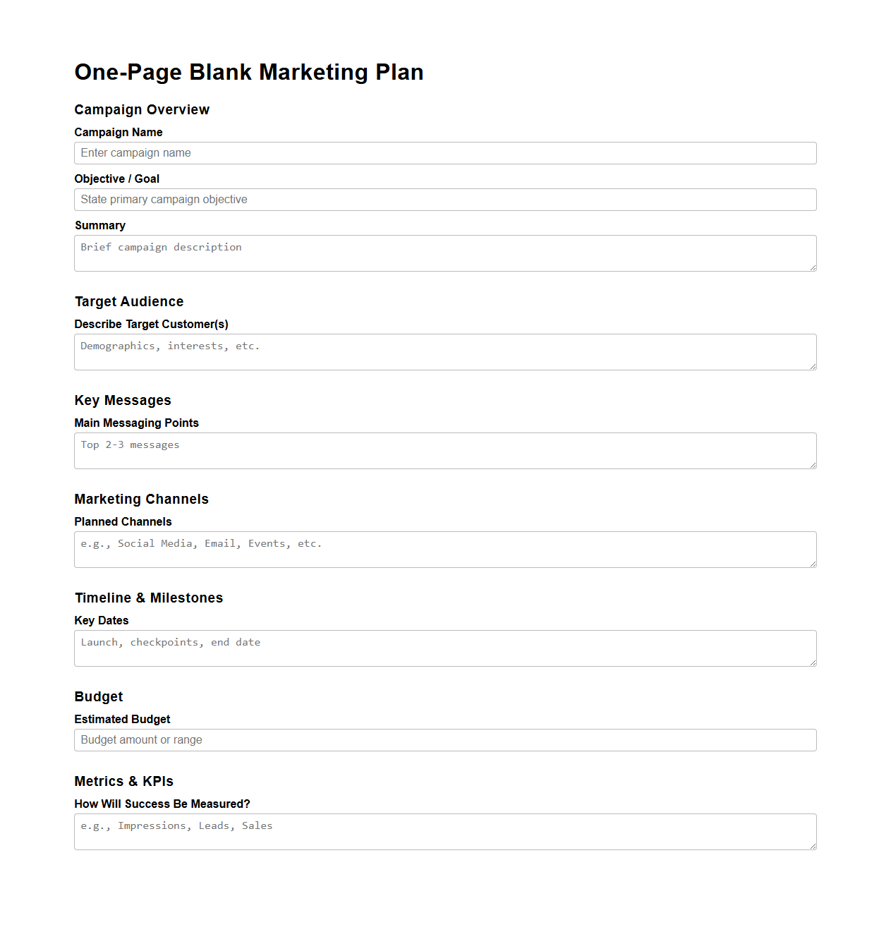 One-Page Blank Marketing Plan for Campaigns