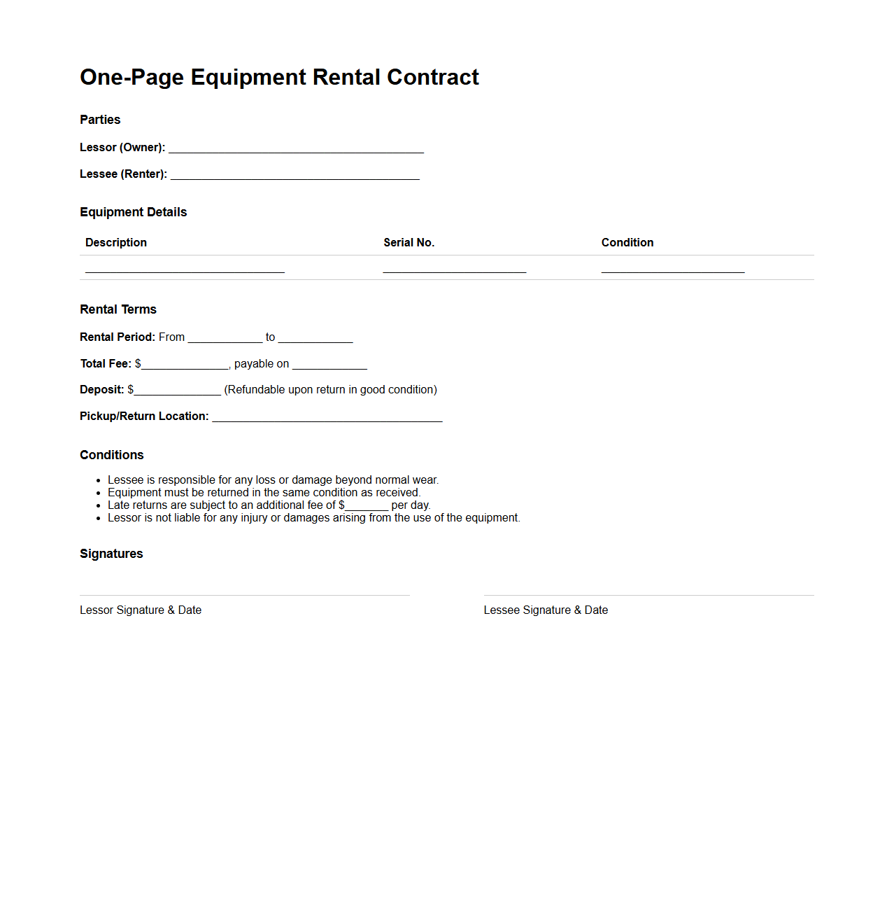 One-Page Equipment Rental Contract