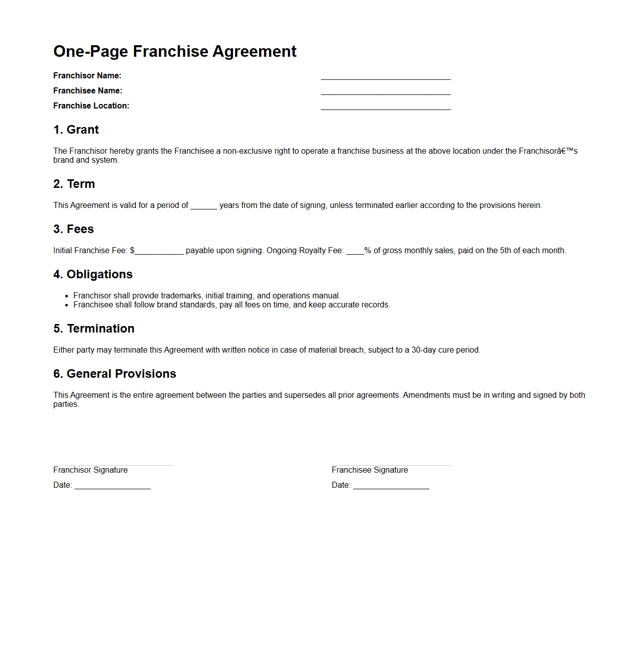 One-Page Franchise Agreement Format for Fast Approval