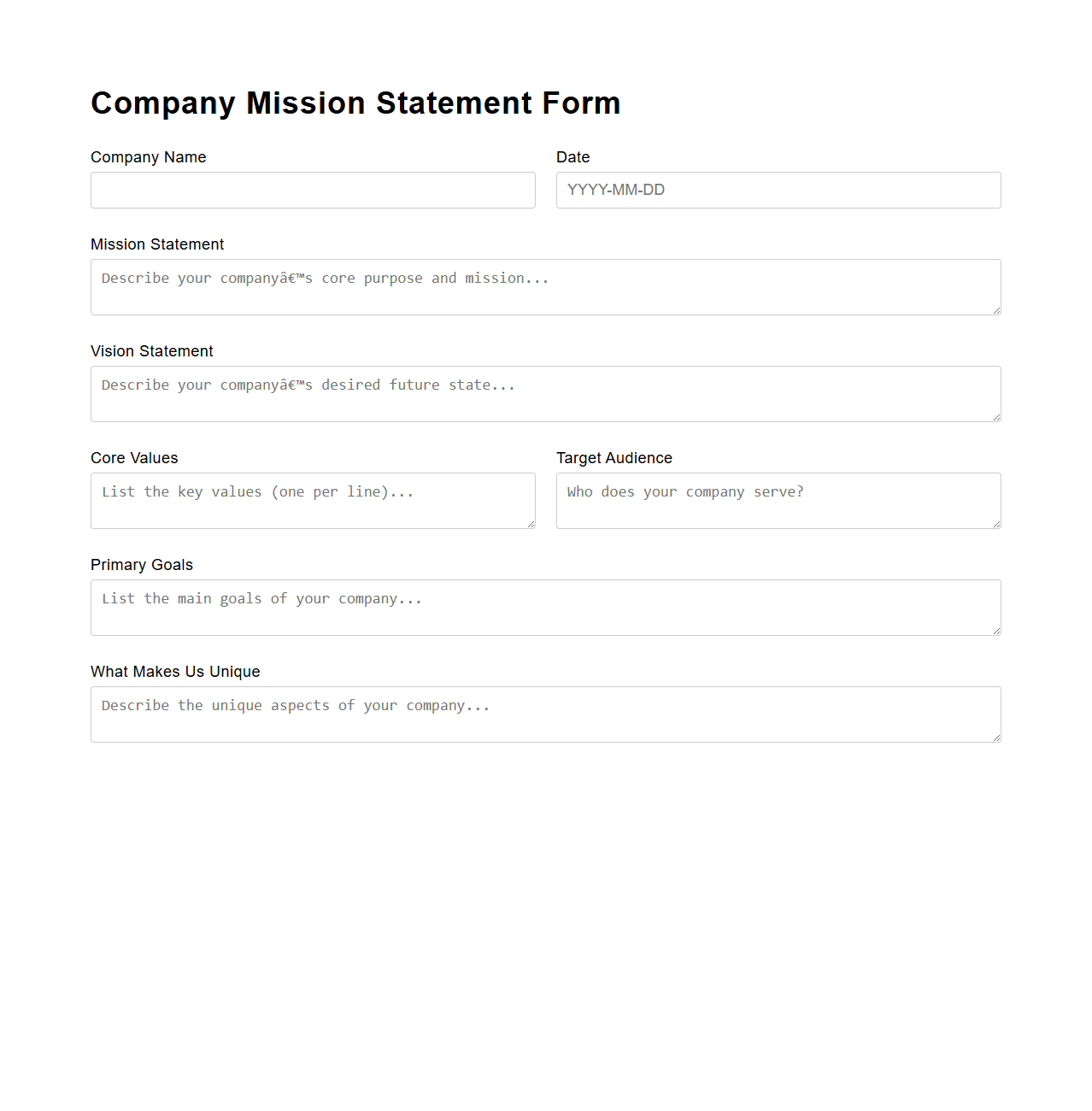 One-Page Mission Statement Form for Companies