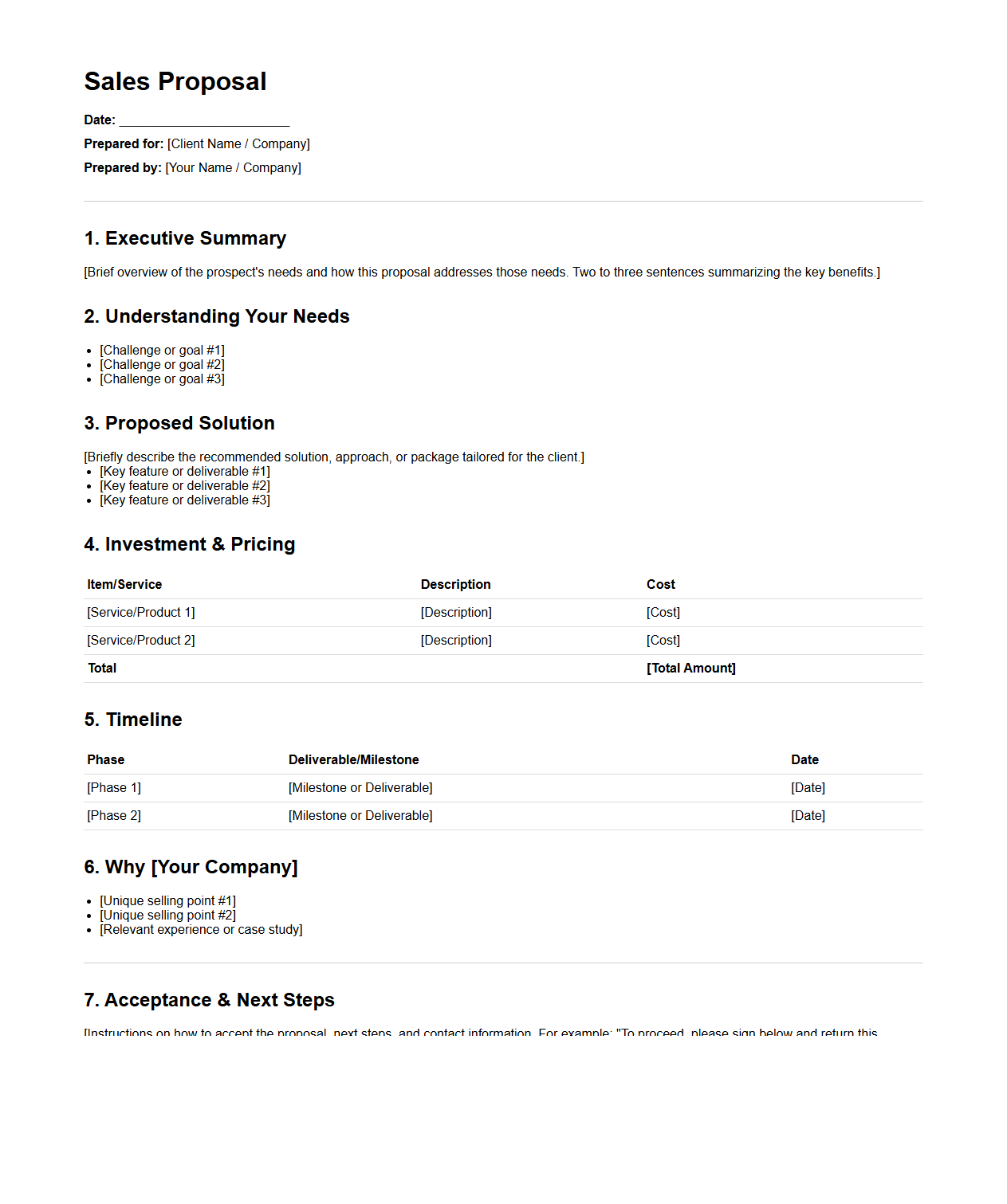 One-Page Sales Proposal Structure for Prospects
