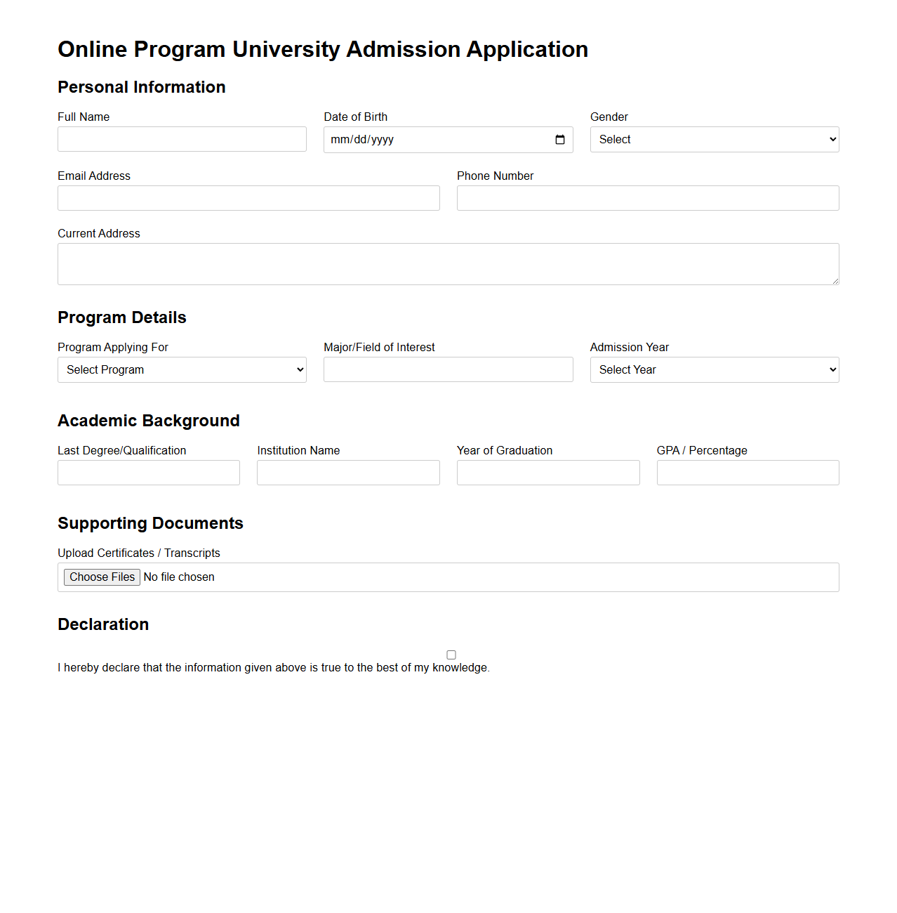 Online Program University Admission Application Format