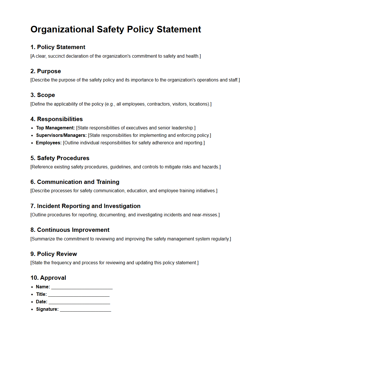 Organizational Safety Policy Statement Structure