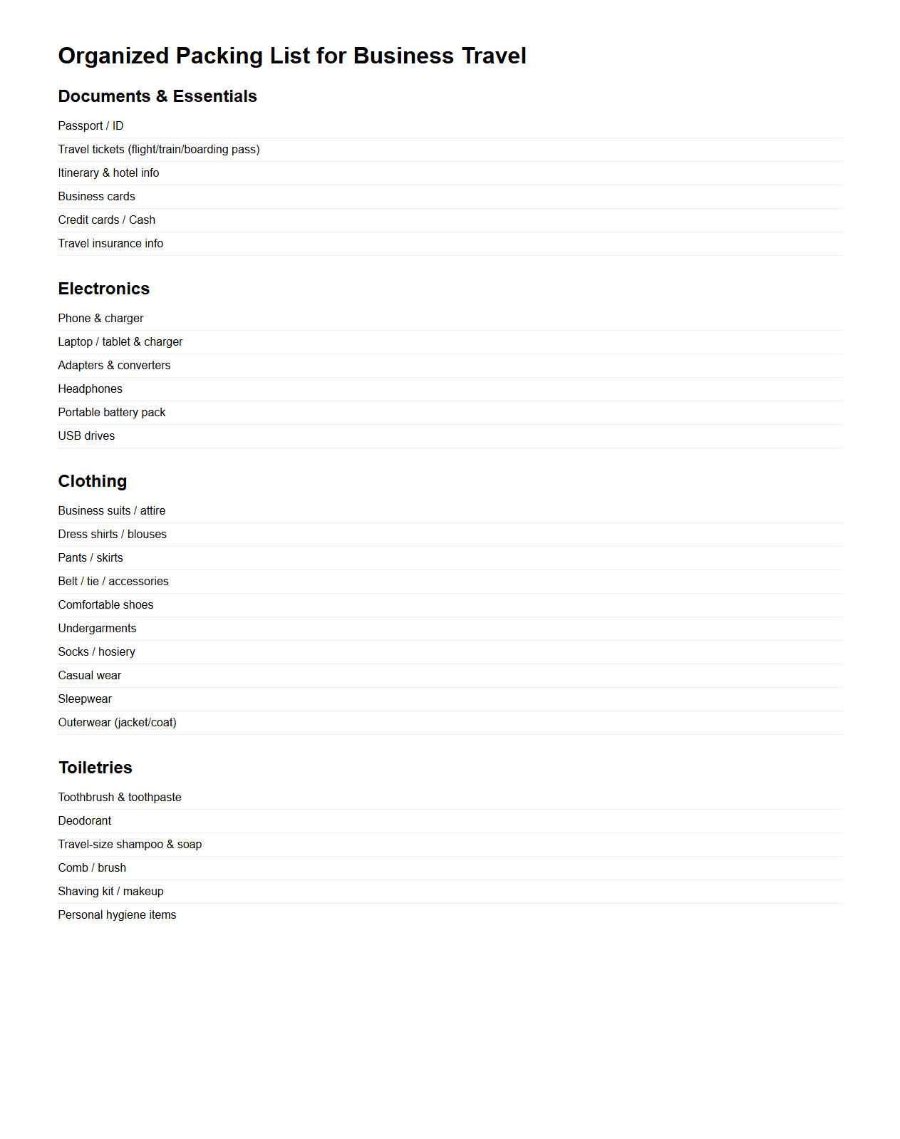 Organized Packing List for Business Travel