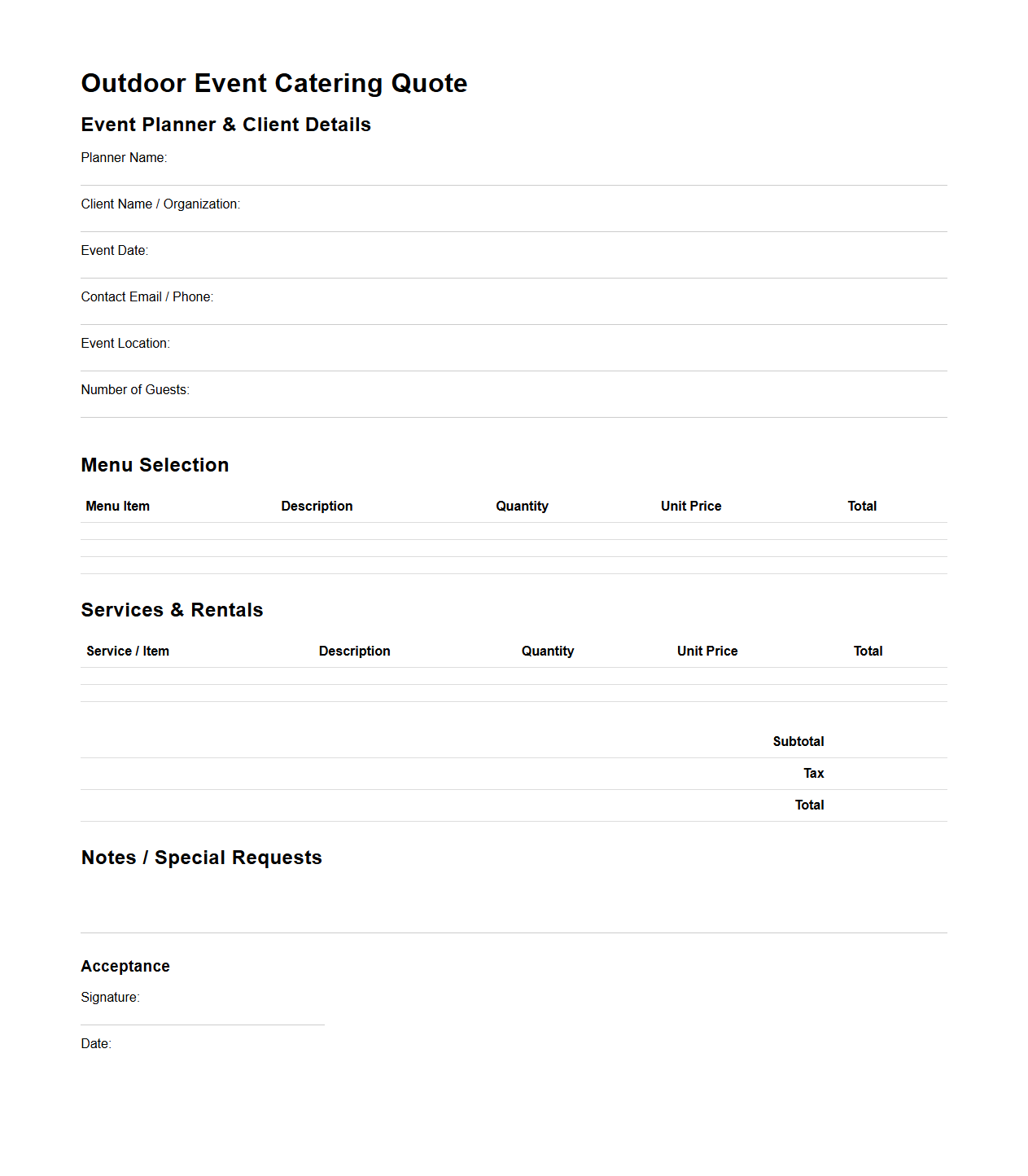 Outdoor Event Catering Quote Template for Planners