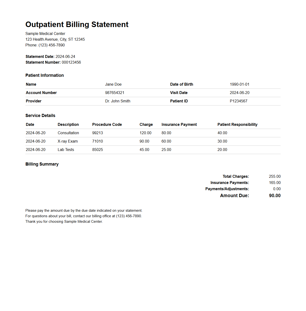 Outpatient Billing Statement Sample