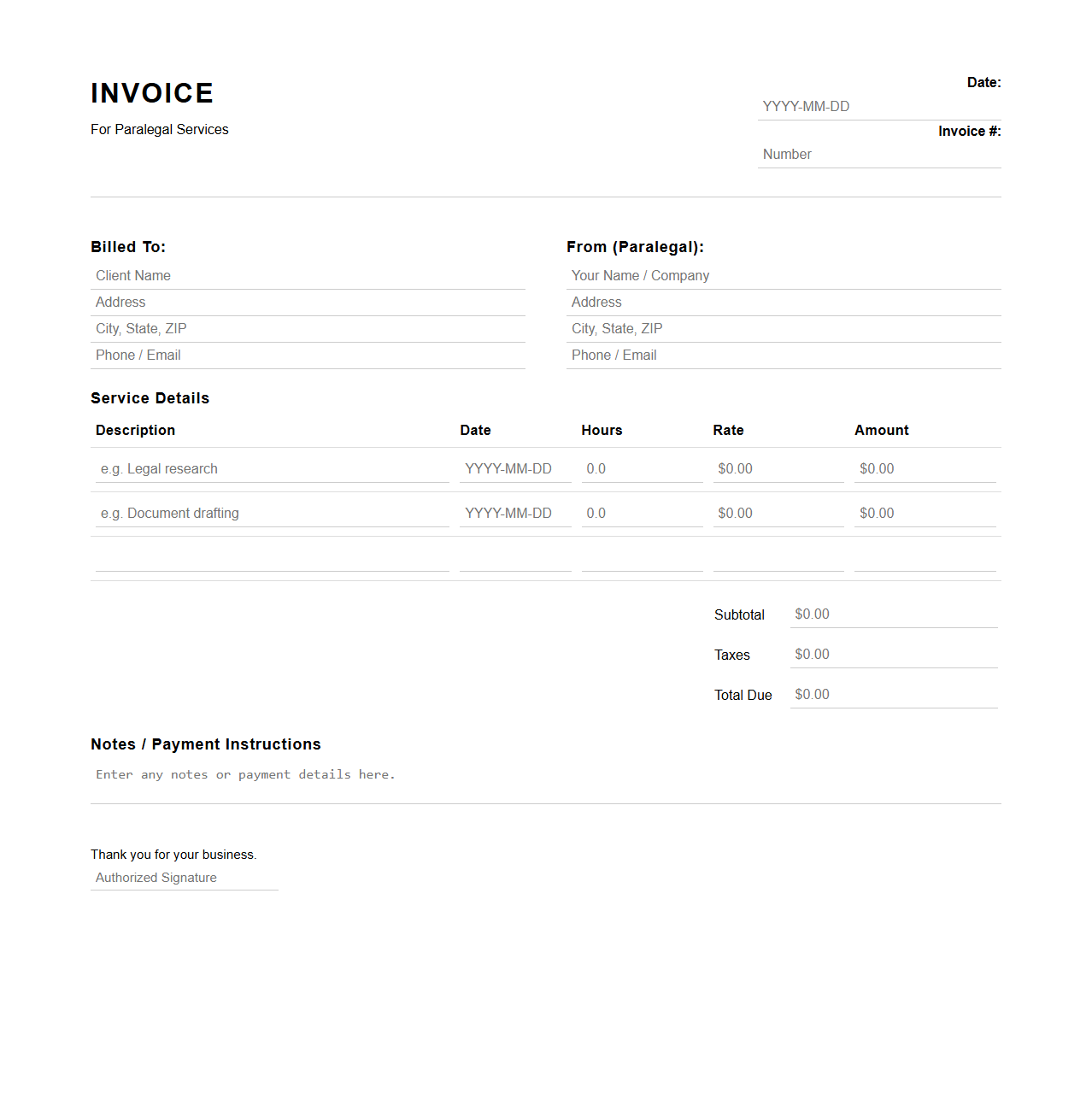 Paralegal Services Invoice Blank Model