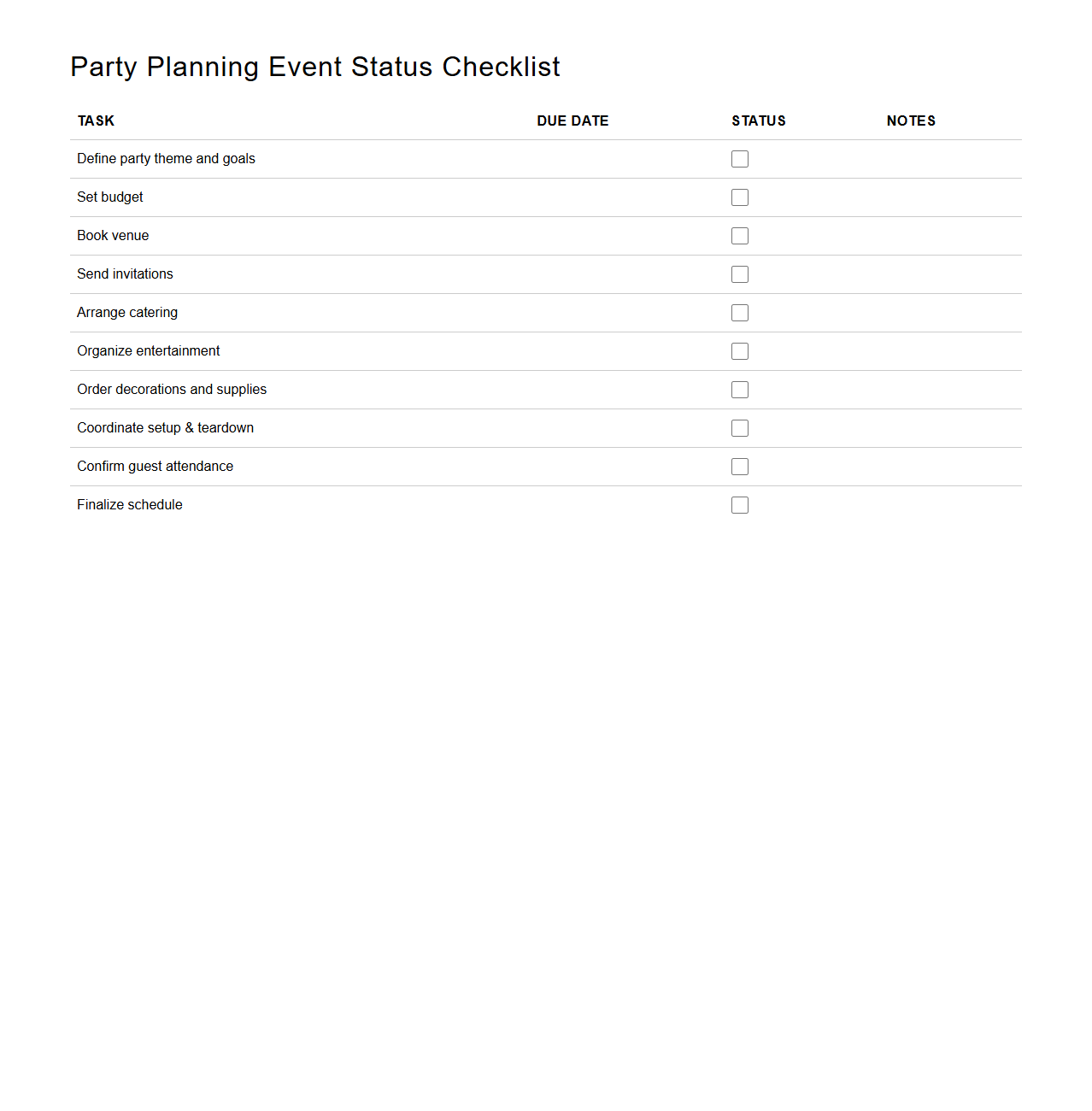 Party Planning Event Status Checklist