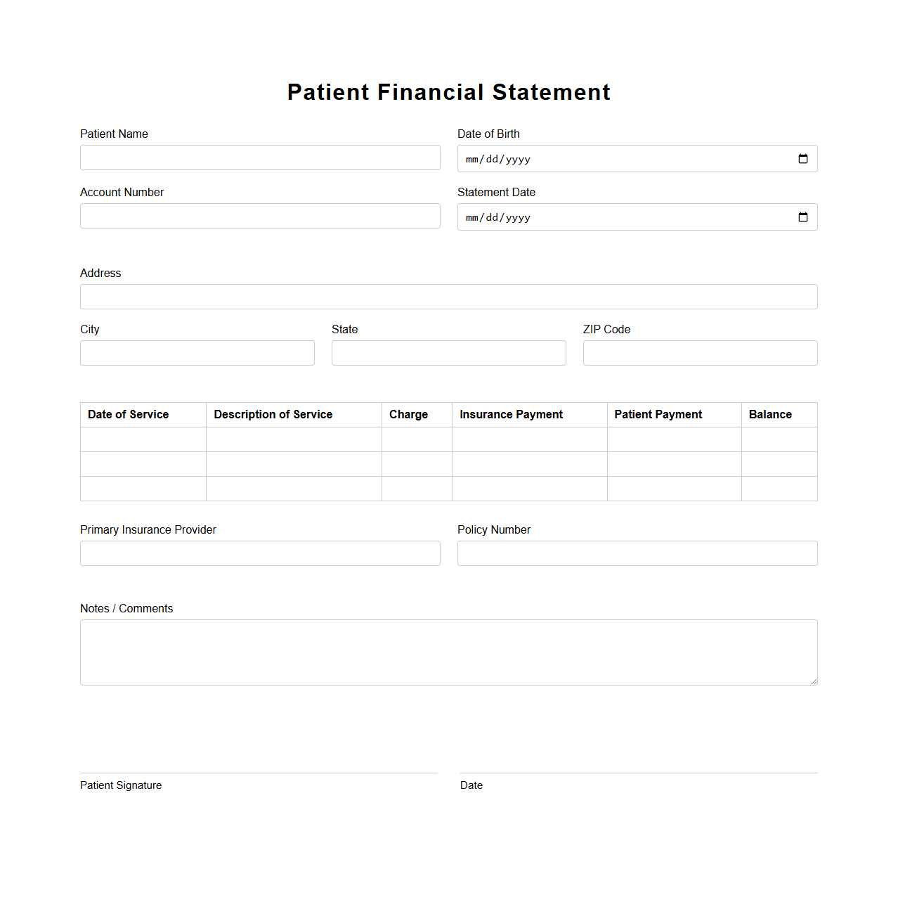 Patient Financial Statement Blank Document