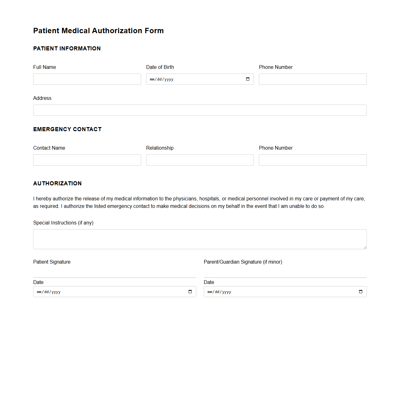 Patient Medical Authorization Form