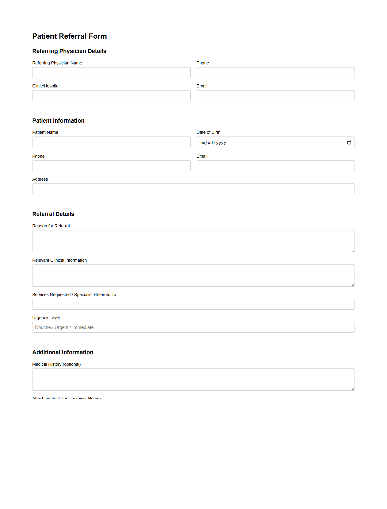 Patient Referral Form Template for Medical Professionals