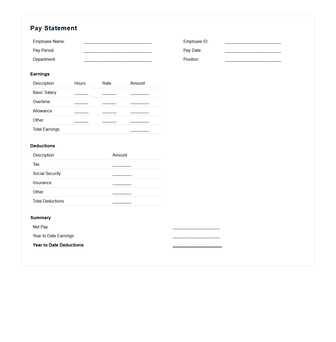 Pay Statement Format for Employees