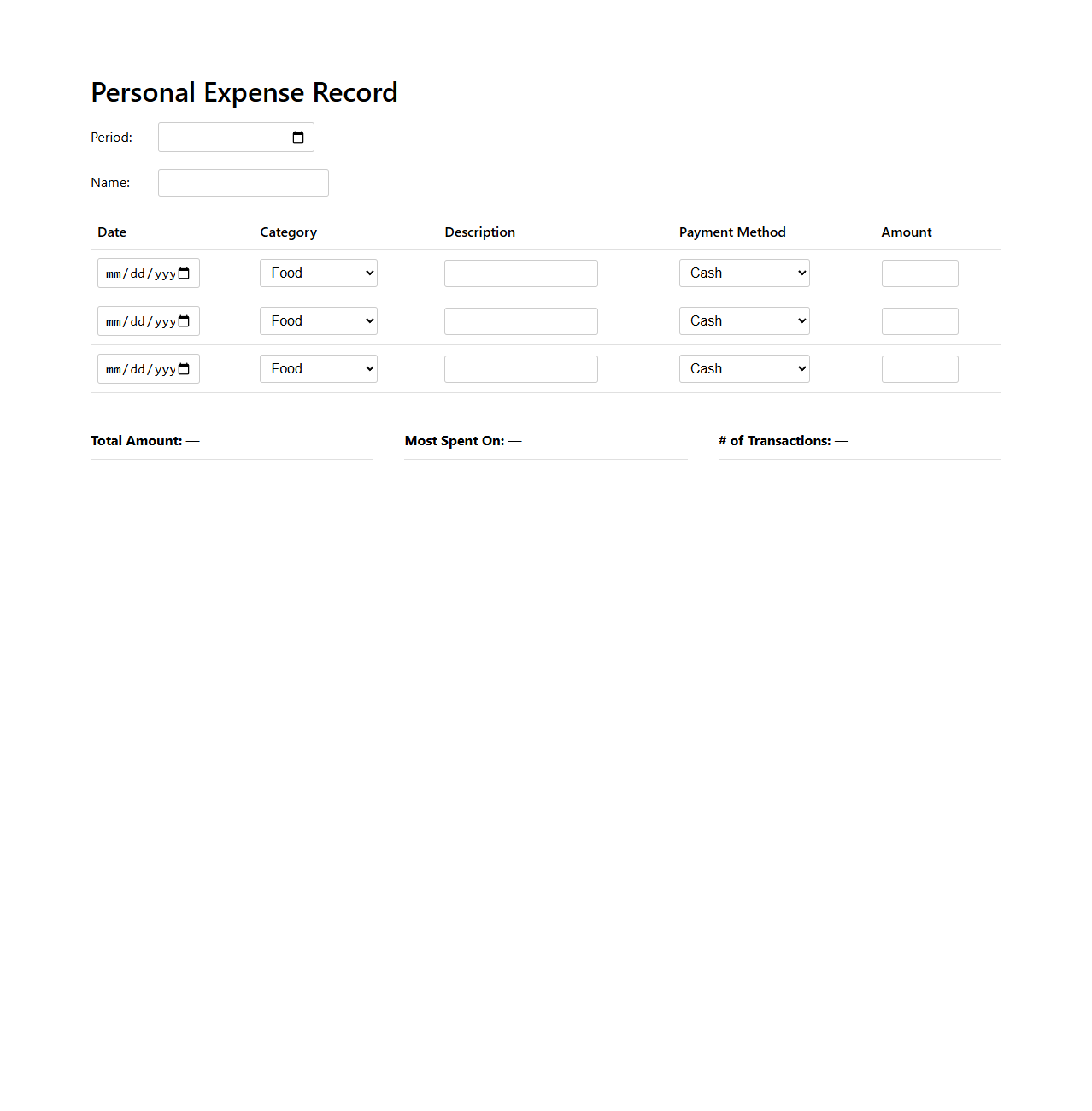 Personal Expense Record Template