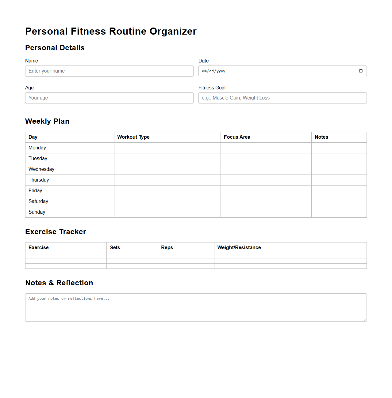 Personal Fitness Routine Organizer Template