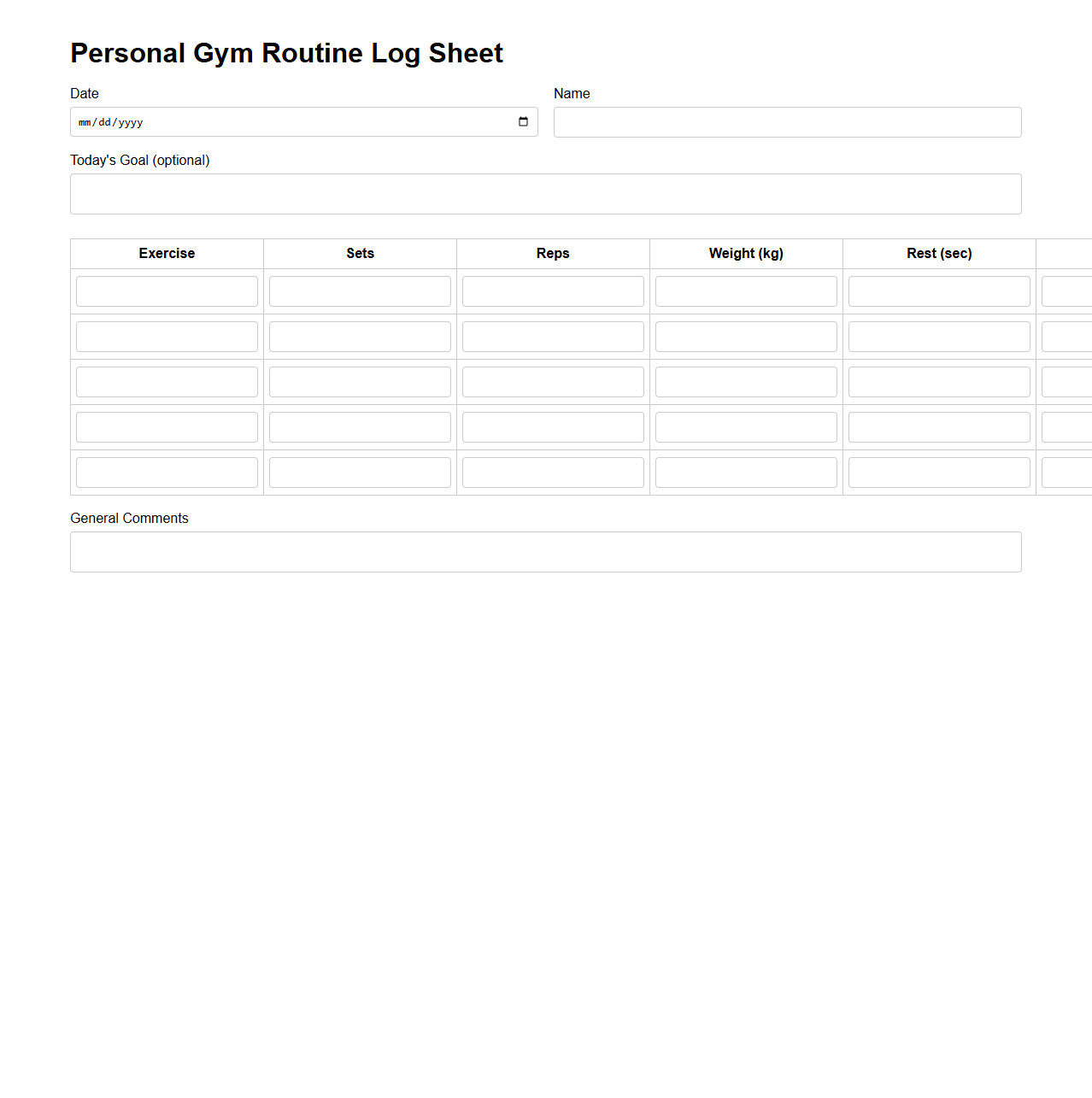Personal Gym Routine Log Sheet