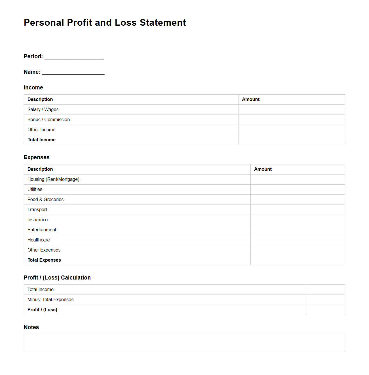 Personal Profit and Loss Document Template