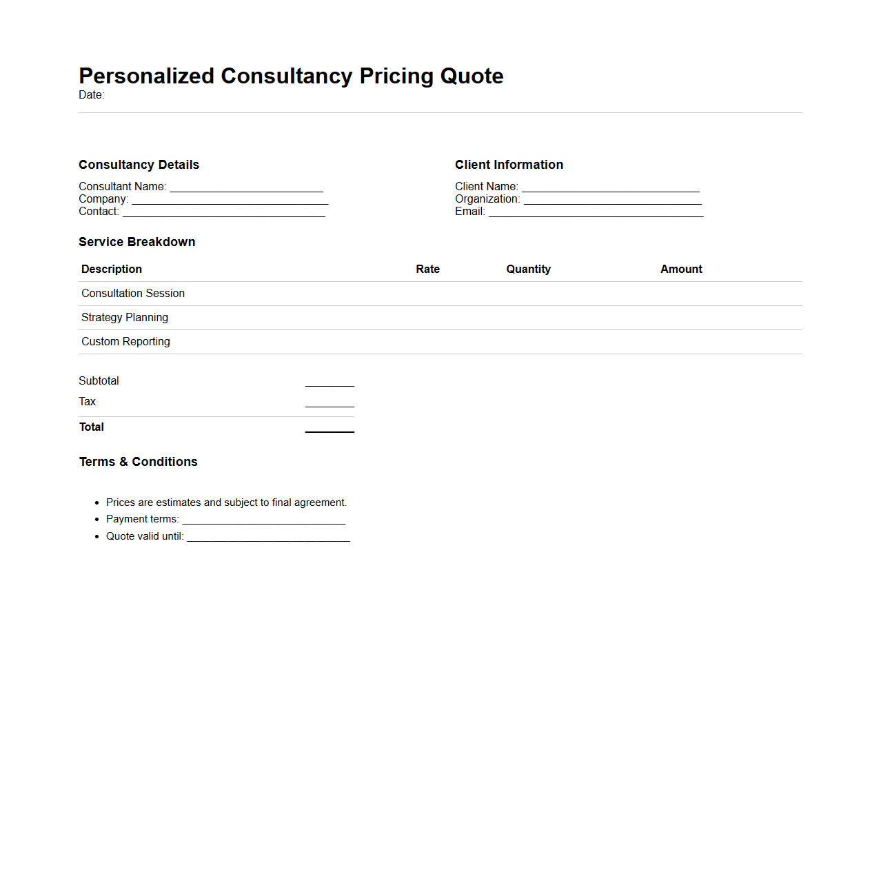 Personalized Consultancy Pricing Quote Document