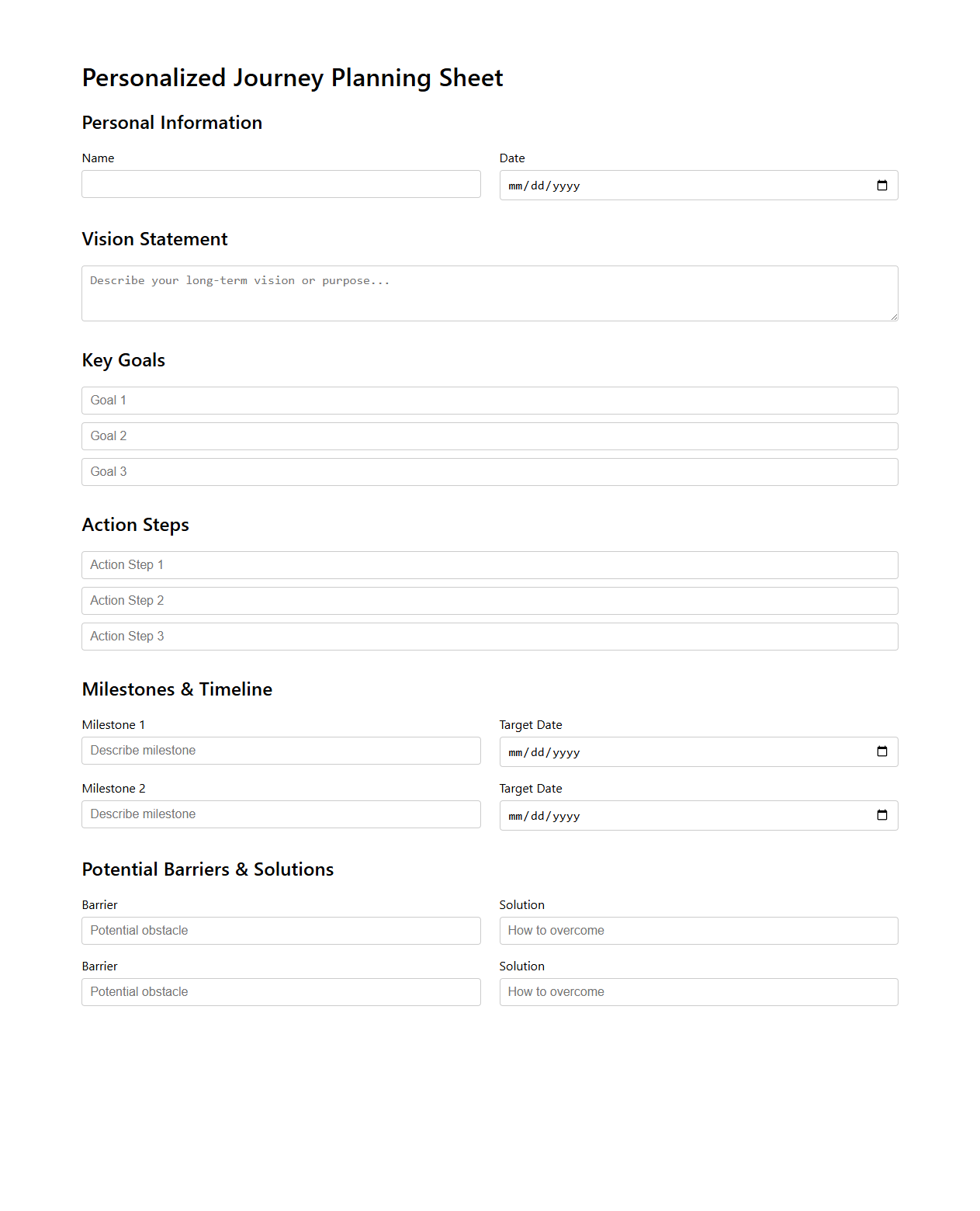 Personalized Journey Planning Sheet