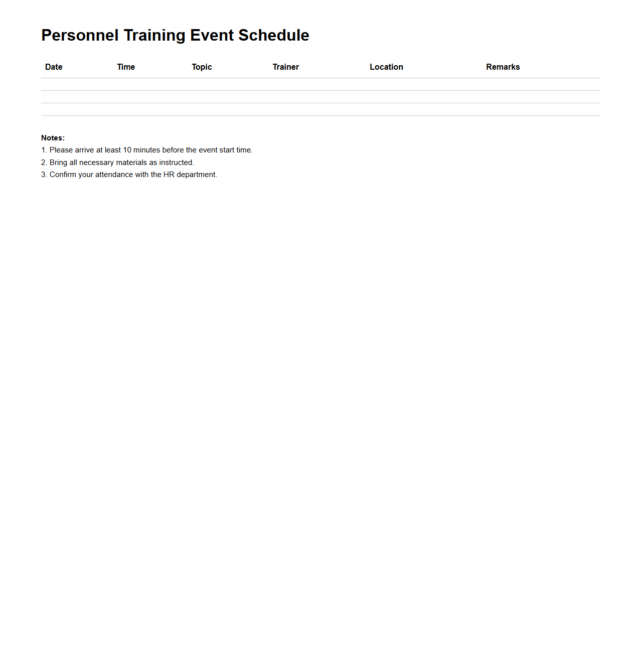 Personnel Training Event Schedule